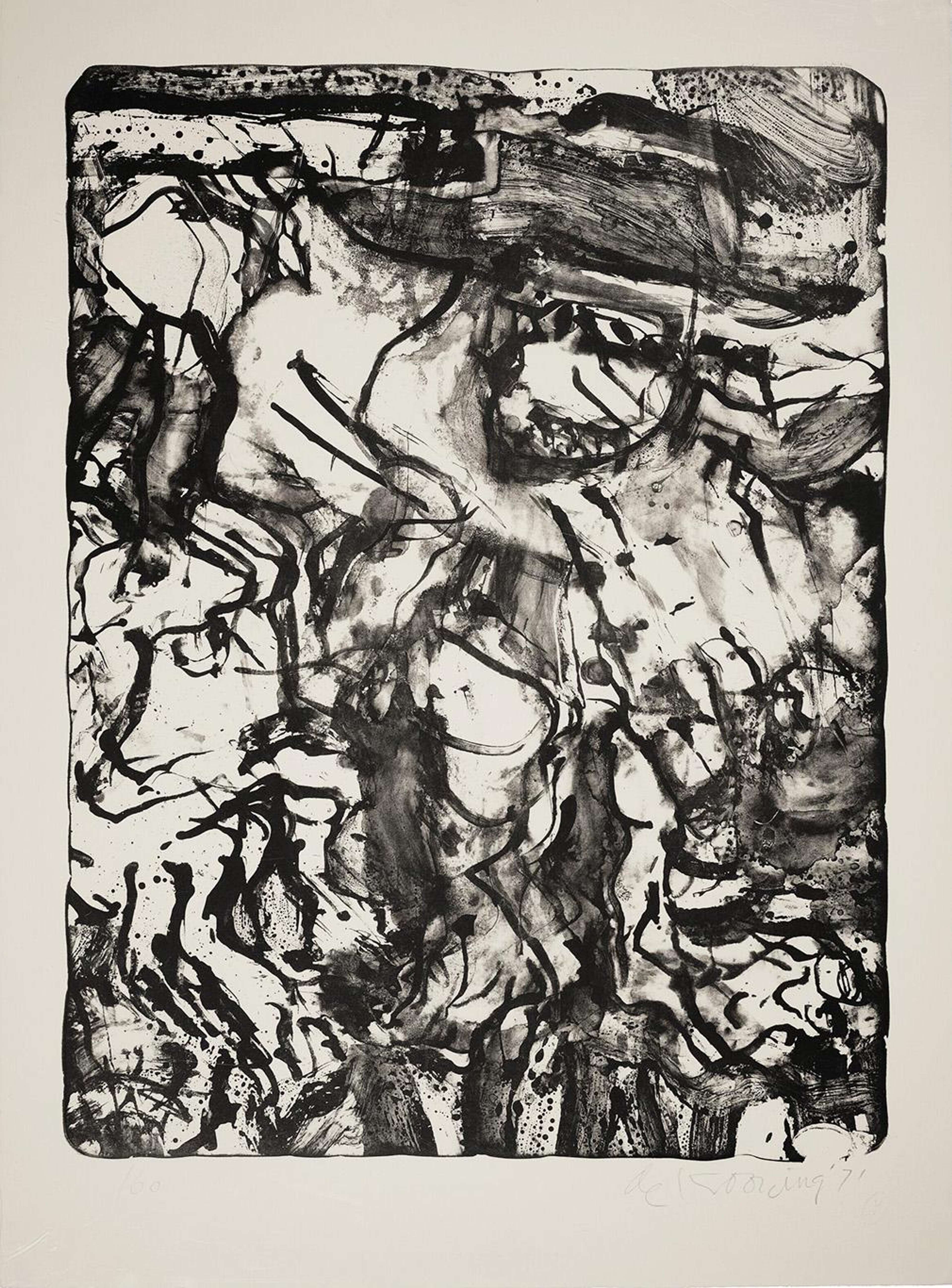 Une estampe monochrome complexe et très dense, composée de lignes abstraites et de coups de pinceau de force et d'épaisseur variables. La forme approximative d'un homme est à peine visible.