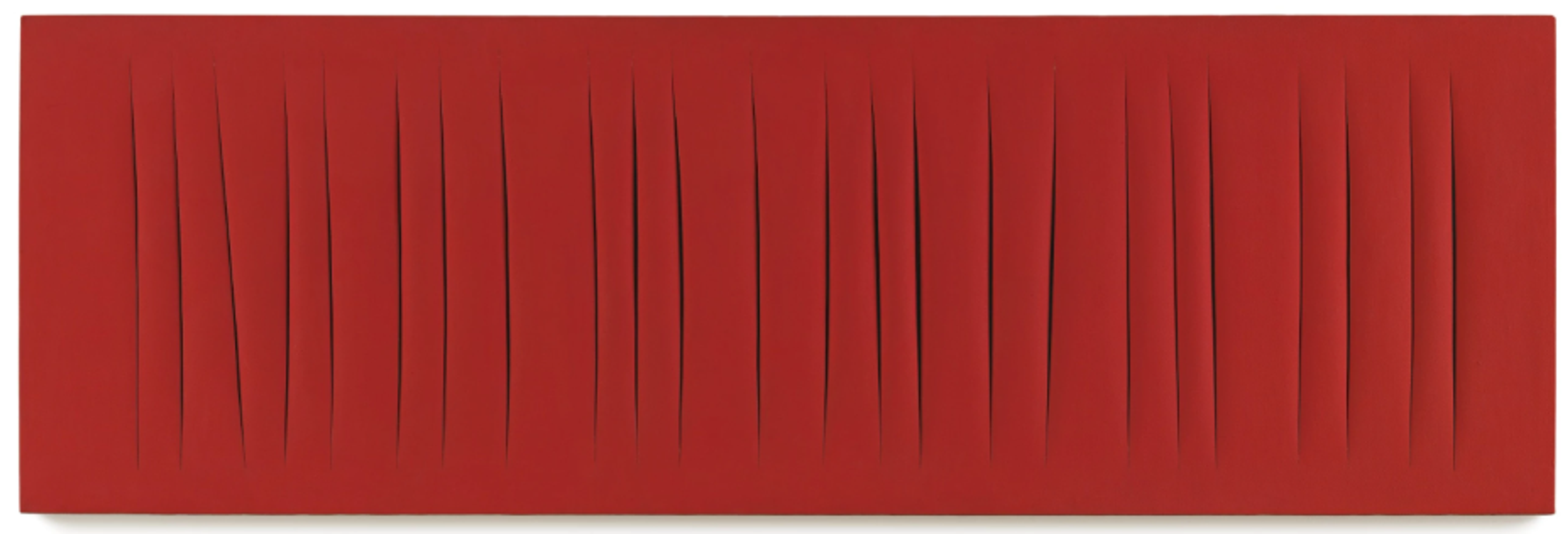 A wide, panoramic red canvas with a row of horizontal slashes across the middle. Each slash is irregularly spaced and different in length.