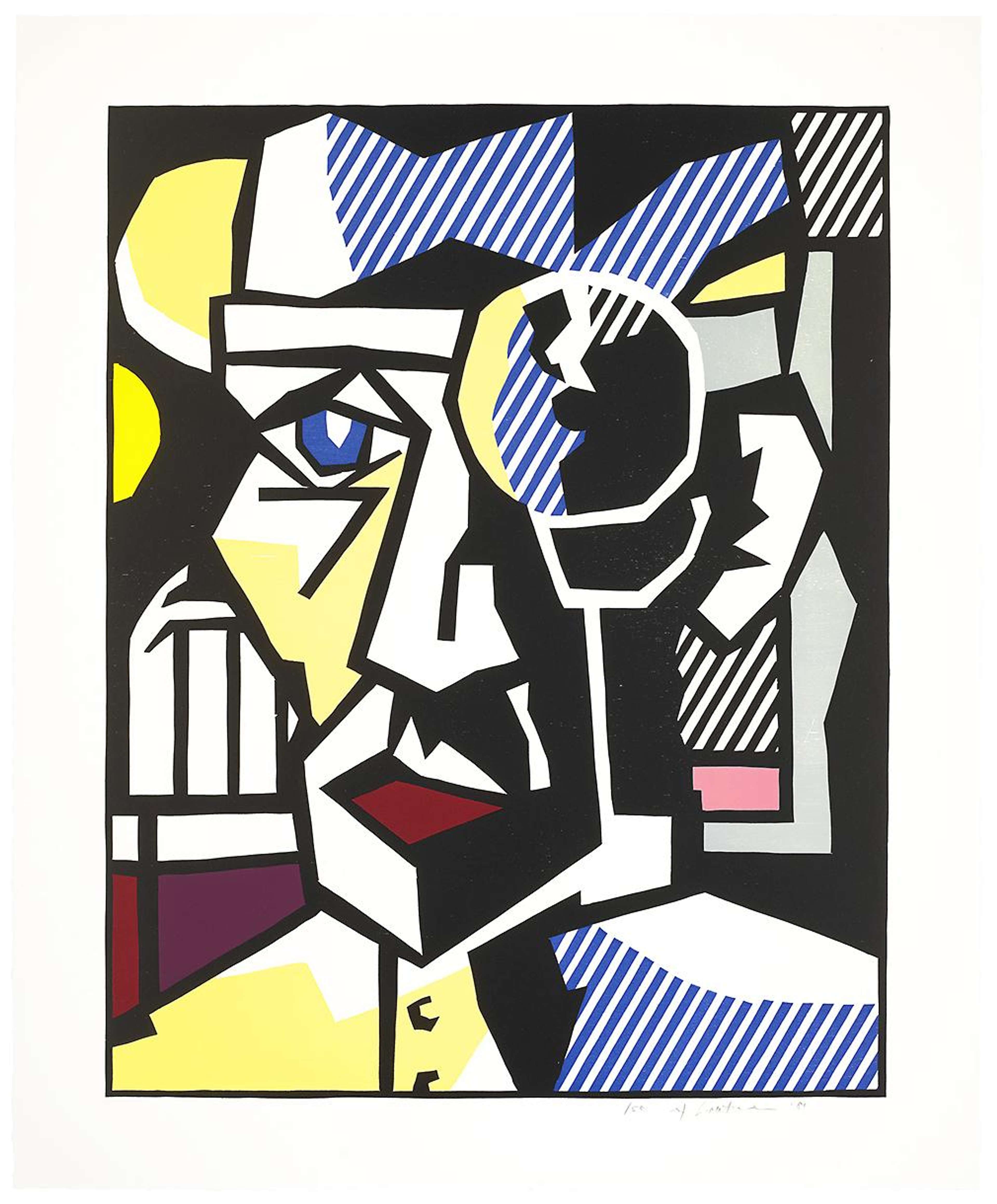 Roy Lichtenstein woodcut of a surgeon in scrubs with red, blue and yellow striped Pop Art shading.