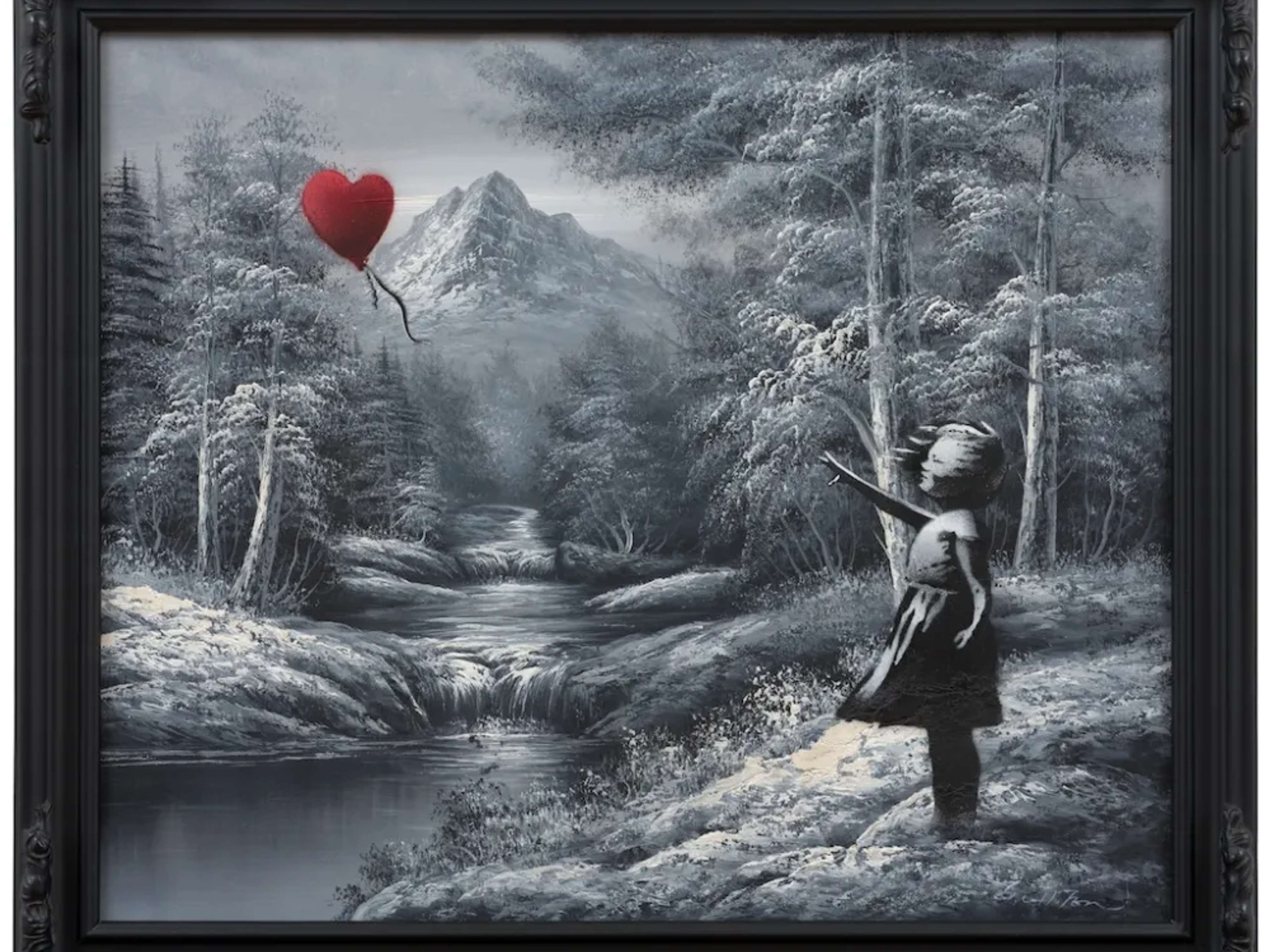 Banksy's original girl with balloon stencil aganist a monochromatic forest landscape. Part of Banksy's Crude Oil series.