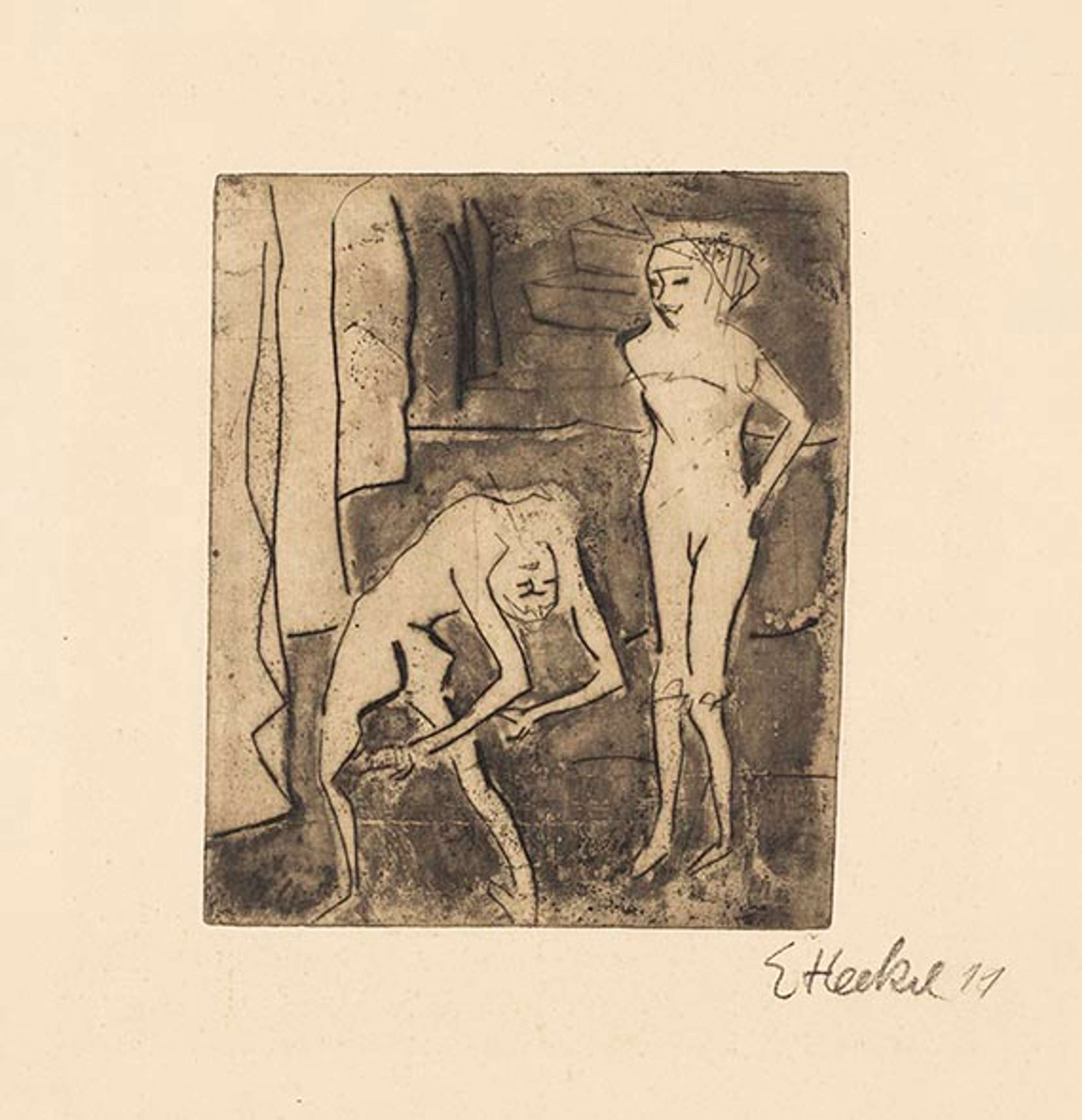 Une estampe représentant deux figures nues se tenait en bas d'un escalier. L'une d'elles se penche en arrière et regarde derrière elle. Le style est brut et expressif, avec un minimum de détails.
