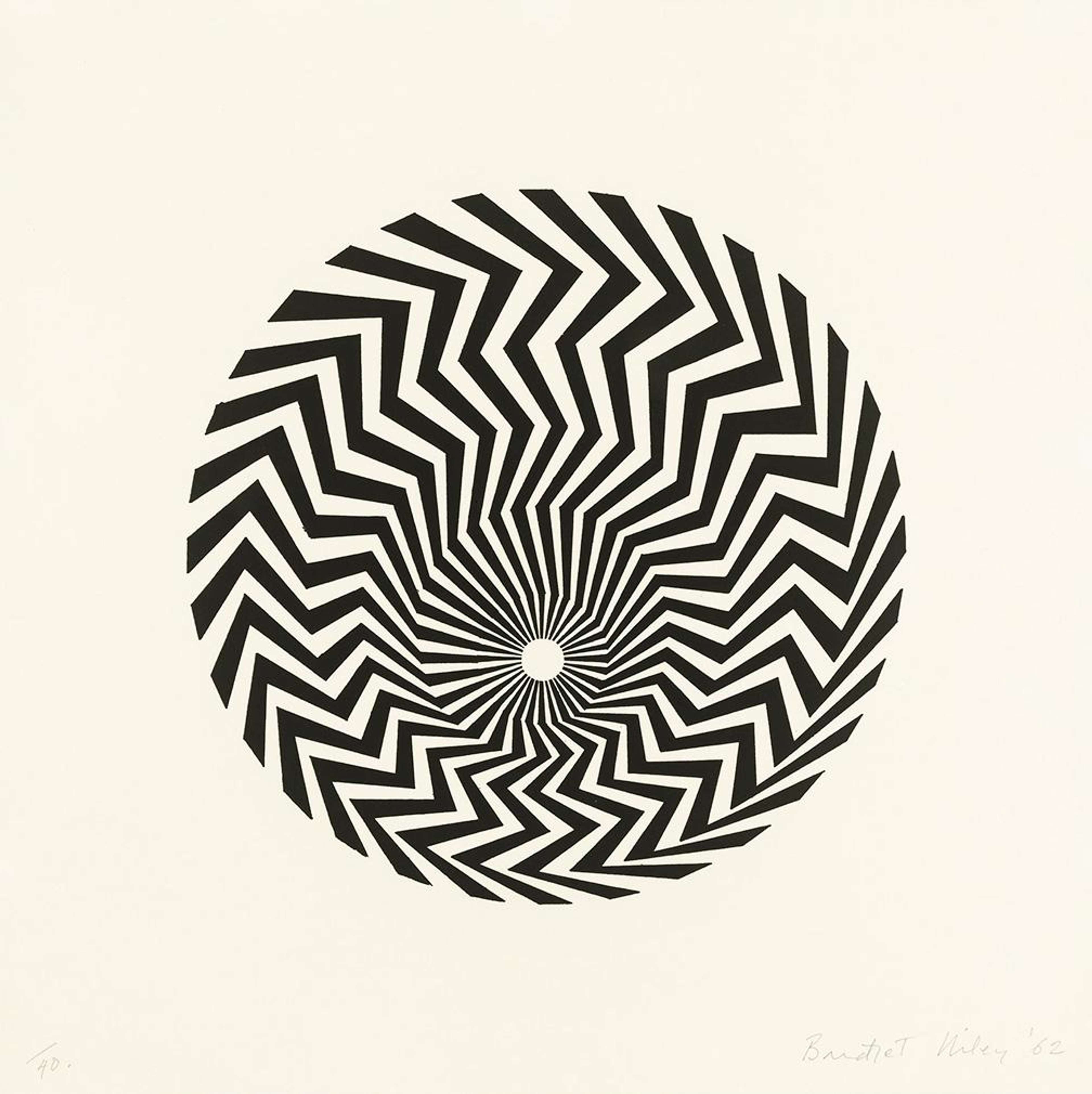 Estampe présentant un motif fascinant composé de lignes noires en zigzag. Un cercle est dessiné au centre de la composition et de larges zigzags noirs émanent du centre de ce cercle.