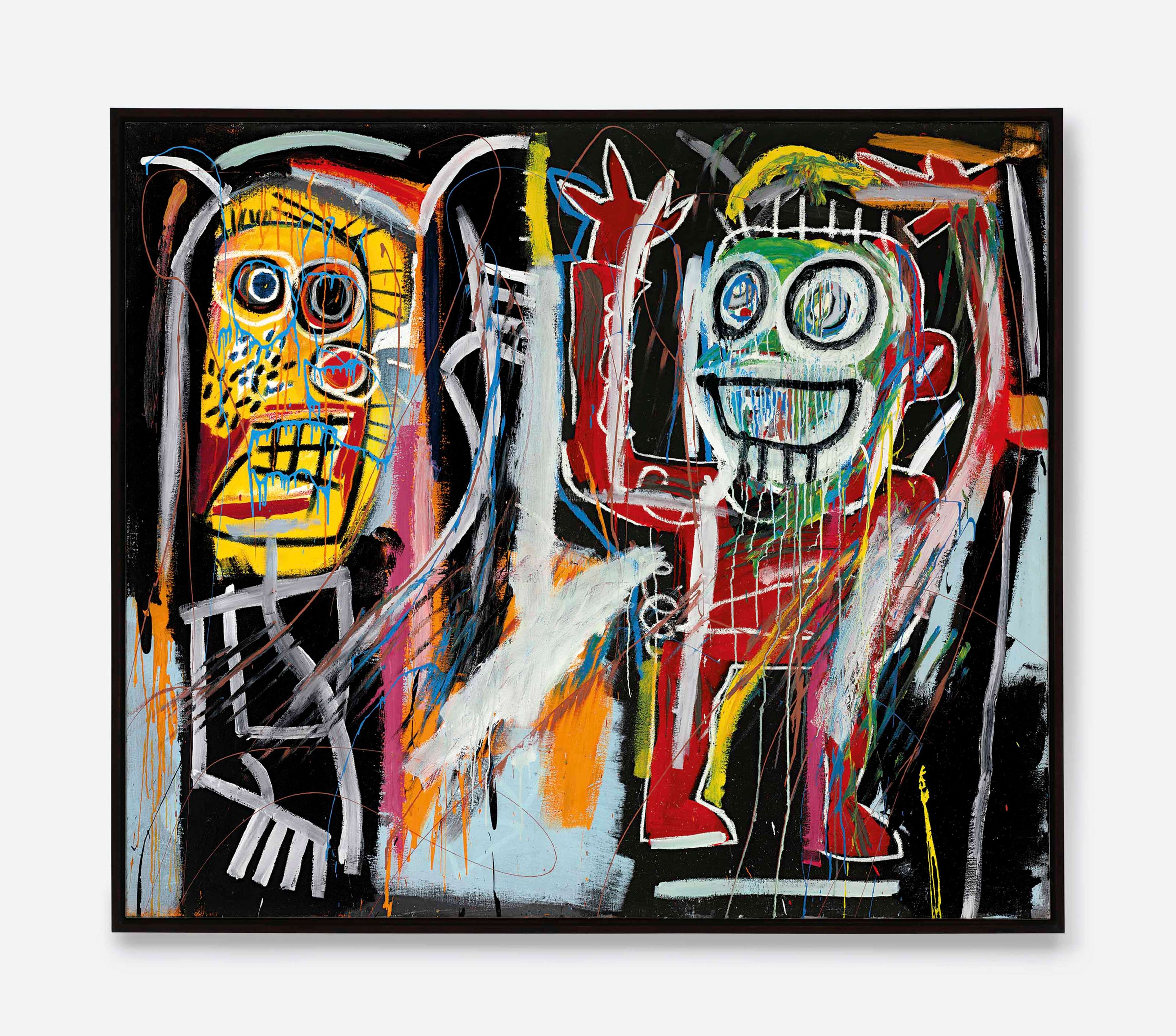 Une image de « Dustheads » de Jean-Michel Basquiat, montrant deux figures dans son style caractéristique. L'une d'elles est rendue en rouge et lève les bras. L'autre a le visage jaune. Les deux figures affichent des yeux grands ouverts et des sourires.