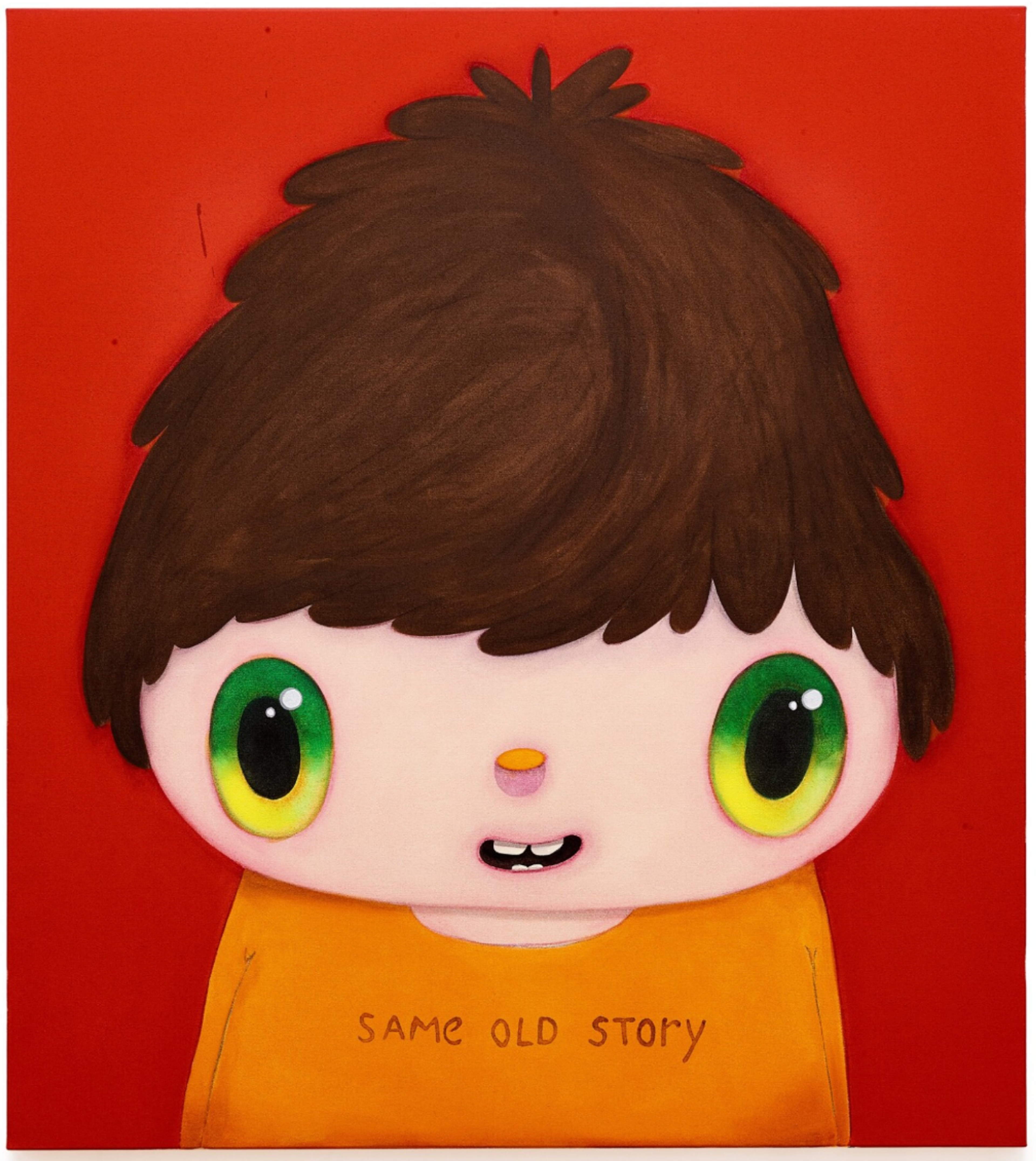 A painting of a childlike figure with large green eyes, short brown hair, and a small smile, set against a solid red background. The character wears an orange shirt with the words "SAME OLD STORY" written in brown.