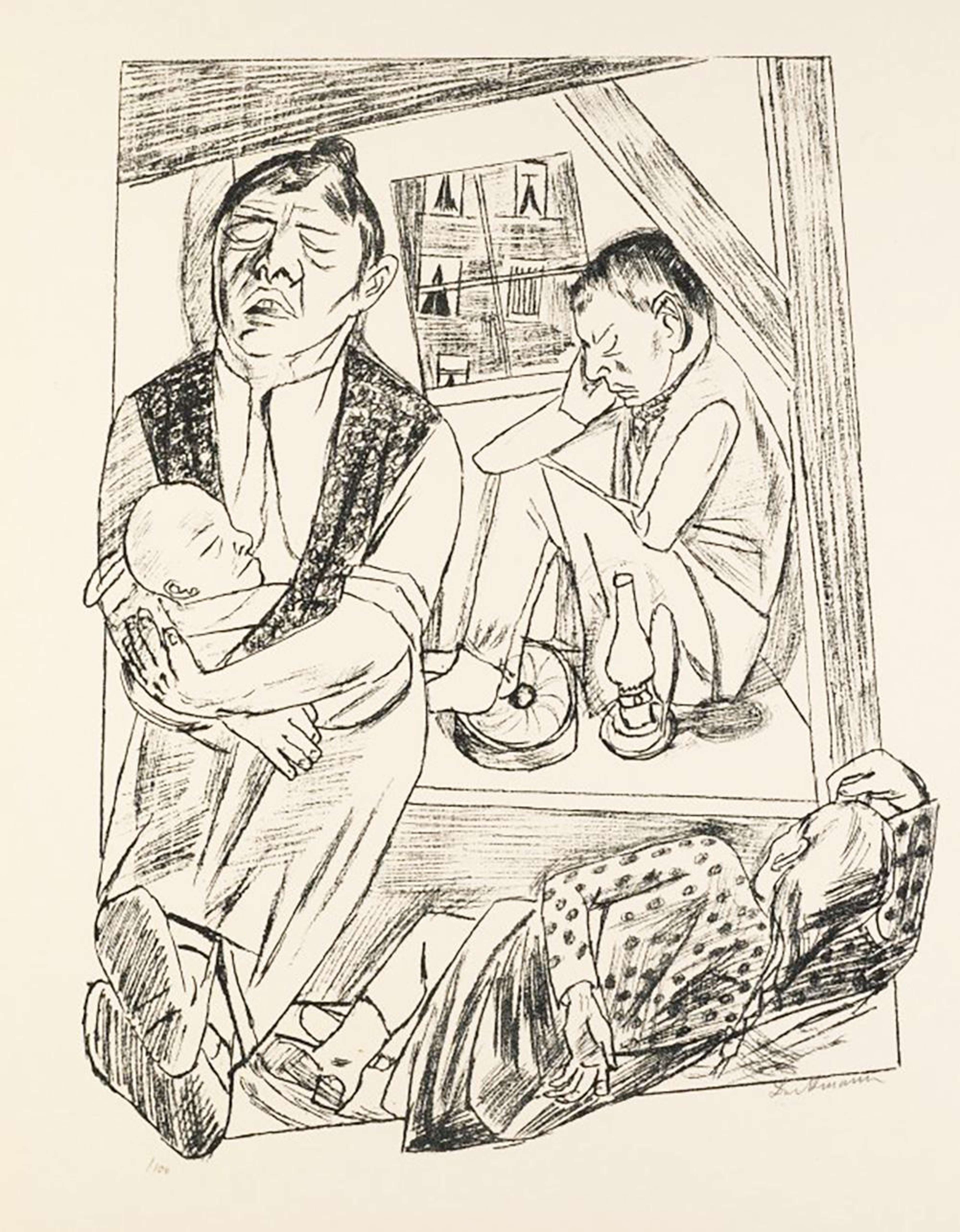 Dessin au crayon représentant une famille essayant toutes de dormir. Le père dort assis, appuyé contre un mur à côté d'une fenêtre. Un enfant dort au sol dans une position inconfortable. Et la mère dort assise tout en allaitant un bébé. Tous semblent mal à l'aise et tristes. Le caractère anguleux du dessin accentue l'inconfort des sujets.