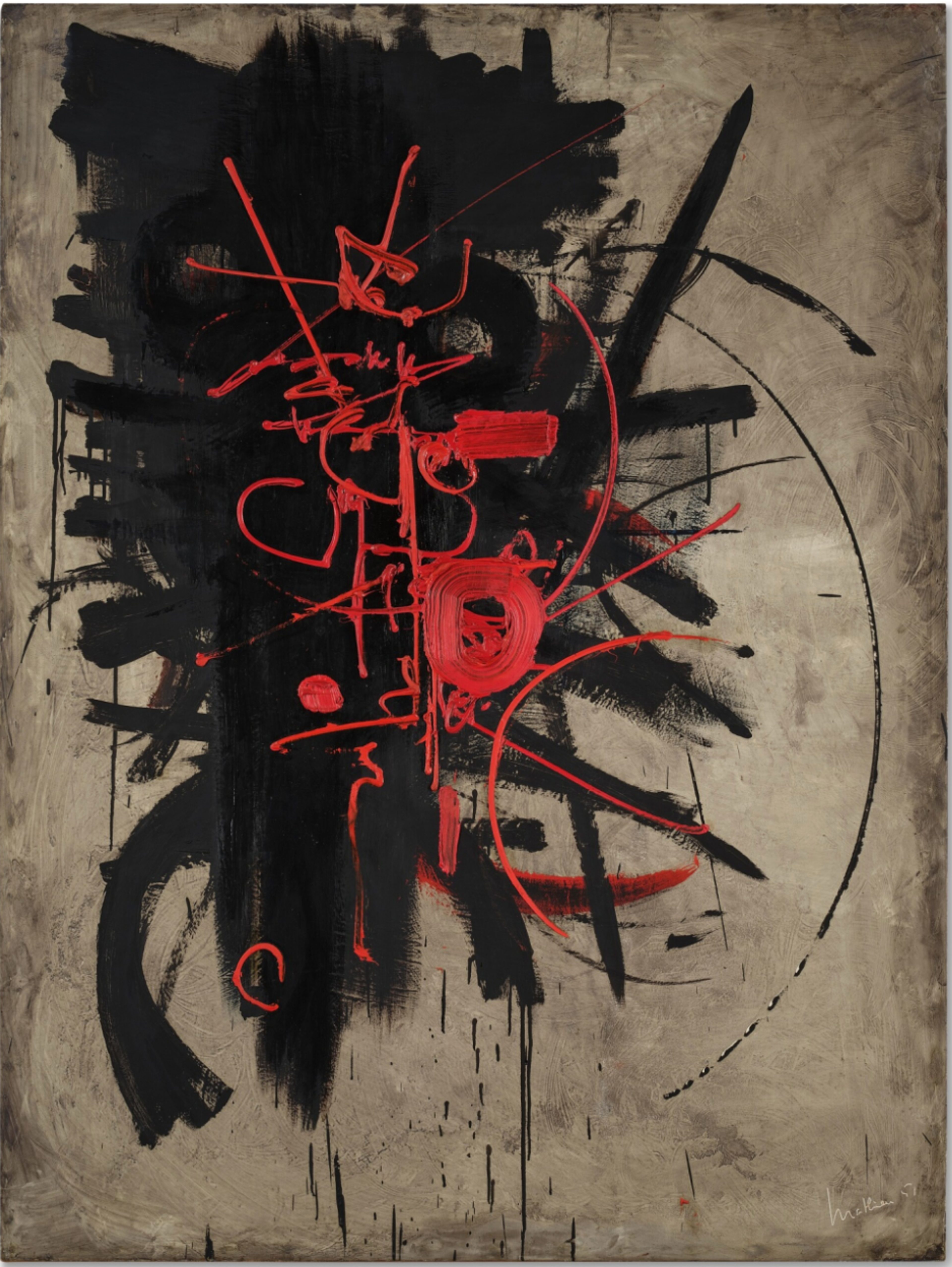 A vertical painting with a textured, vignette beige-grey background. Bold, layered black brushstrokes and arcs are overlaid by a few vivid red calligraphic marks and circular forms, creating a sense of ancient, abstracted structure.