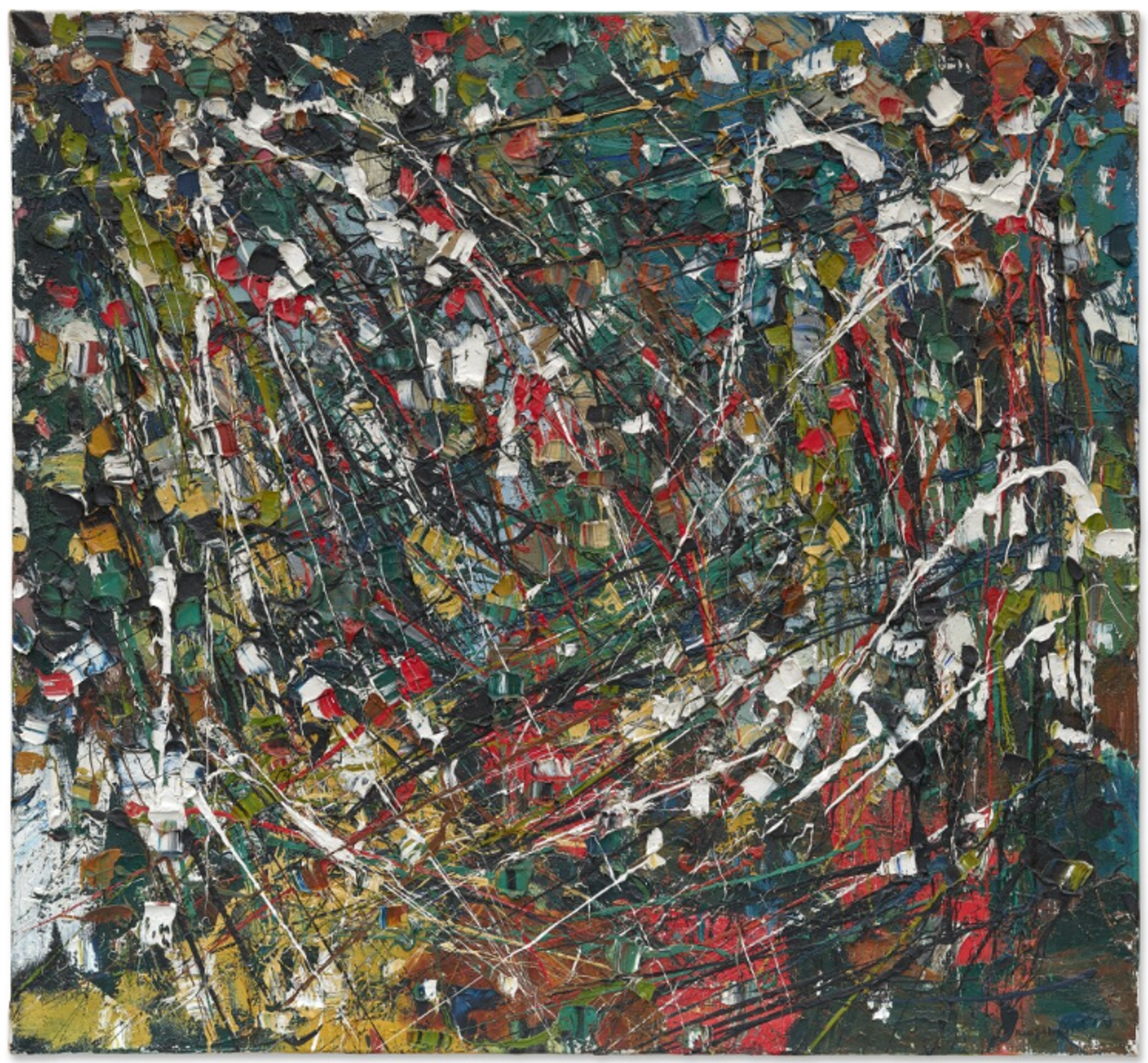 An abstract work with loosely spiraling white lines creating cyclonic movement over earth tones. Vibrant red, blue, and yellow accents appear throughout. The varying paint thickness creates areas of concentrated energy.