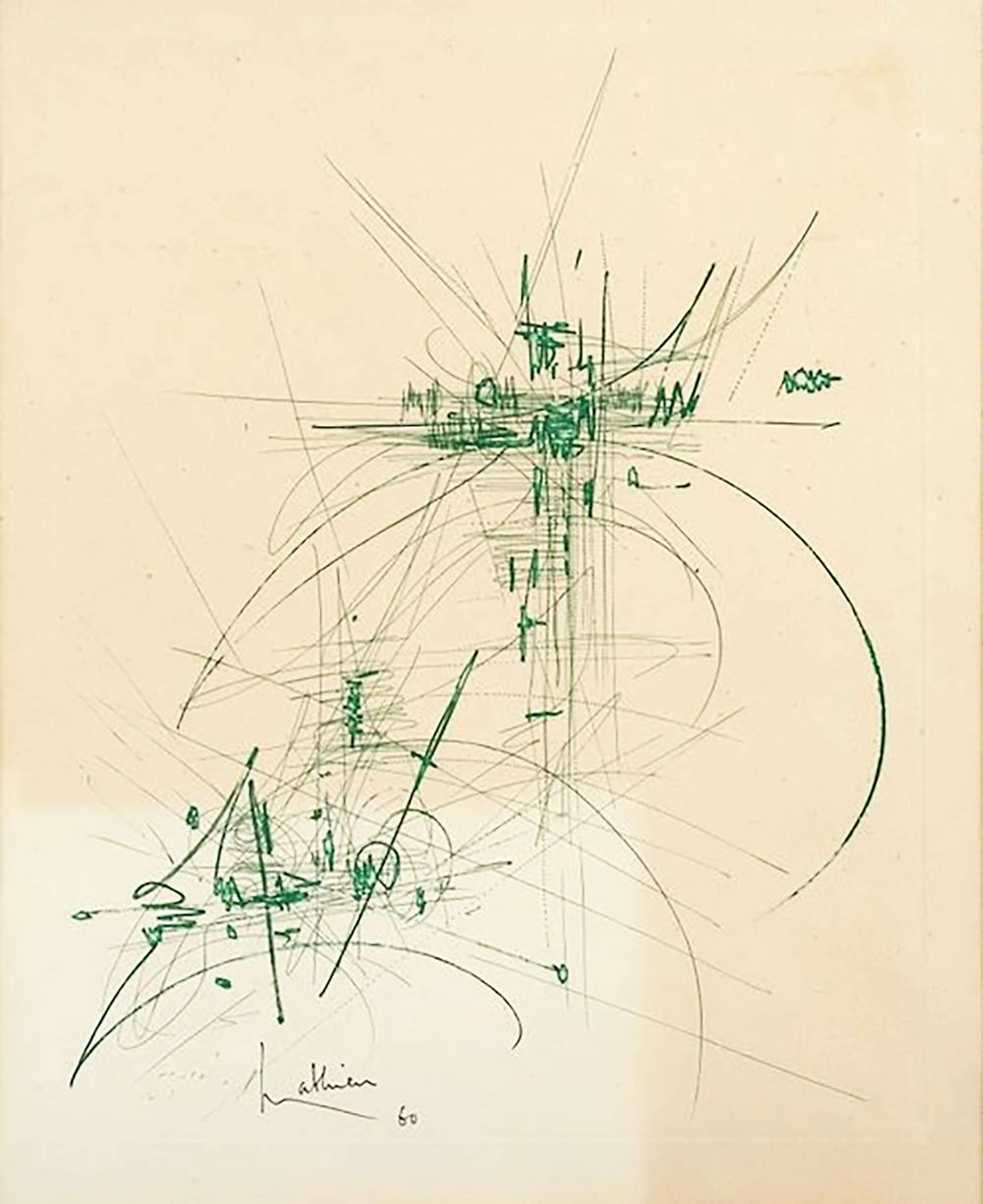 Une composition avec deux centres, l'un en haut à droite et l'autre en bas à gauche. De chaque centre émane un arrangement de lignes et de courbes vertes qui rappellent l'écriture calligraphiée.