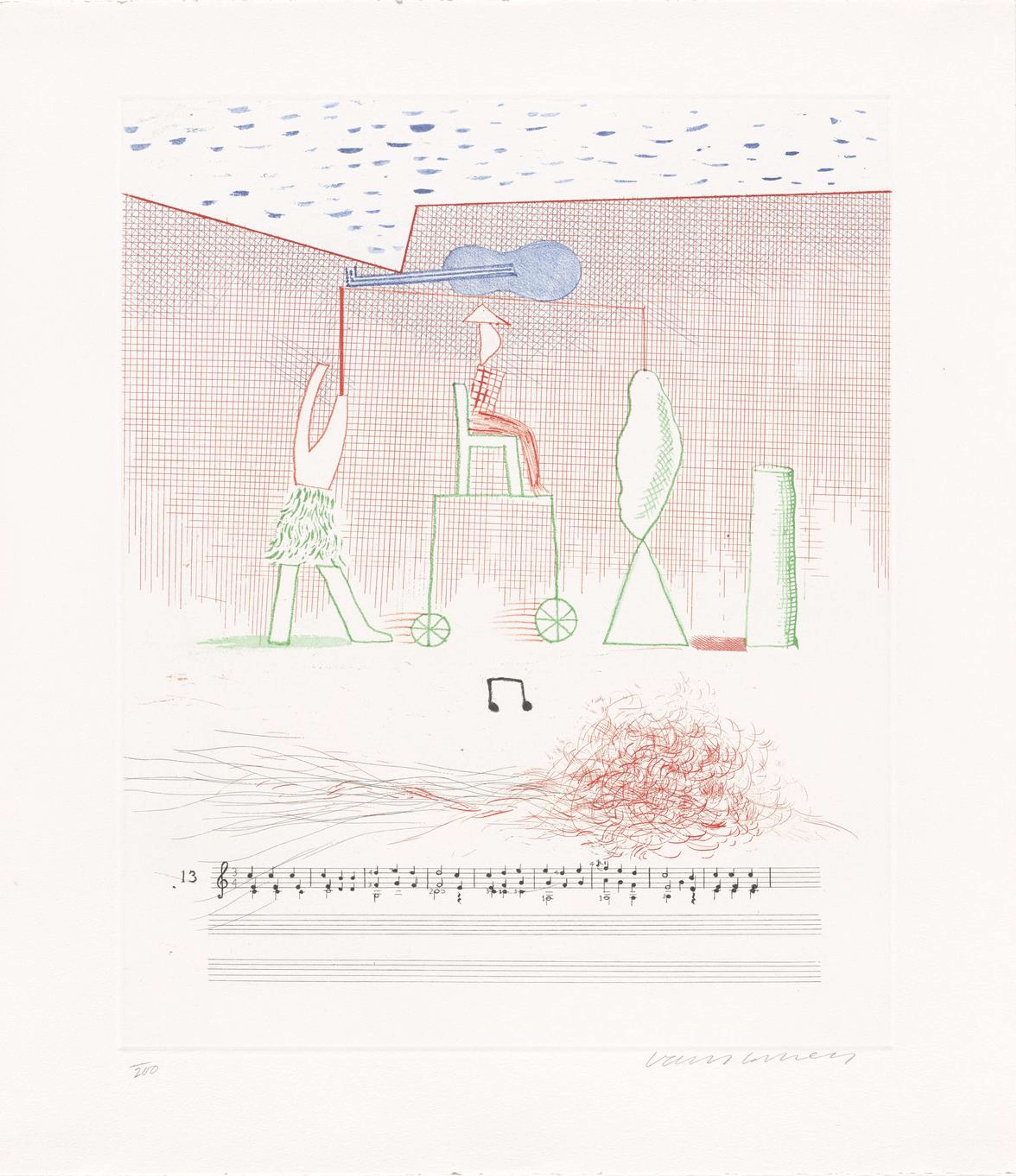 A music sheet with abstract shapes sketched over