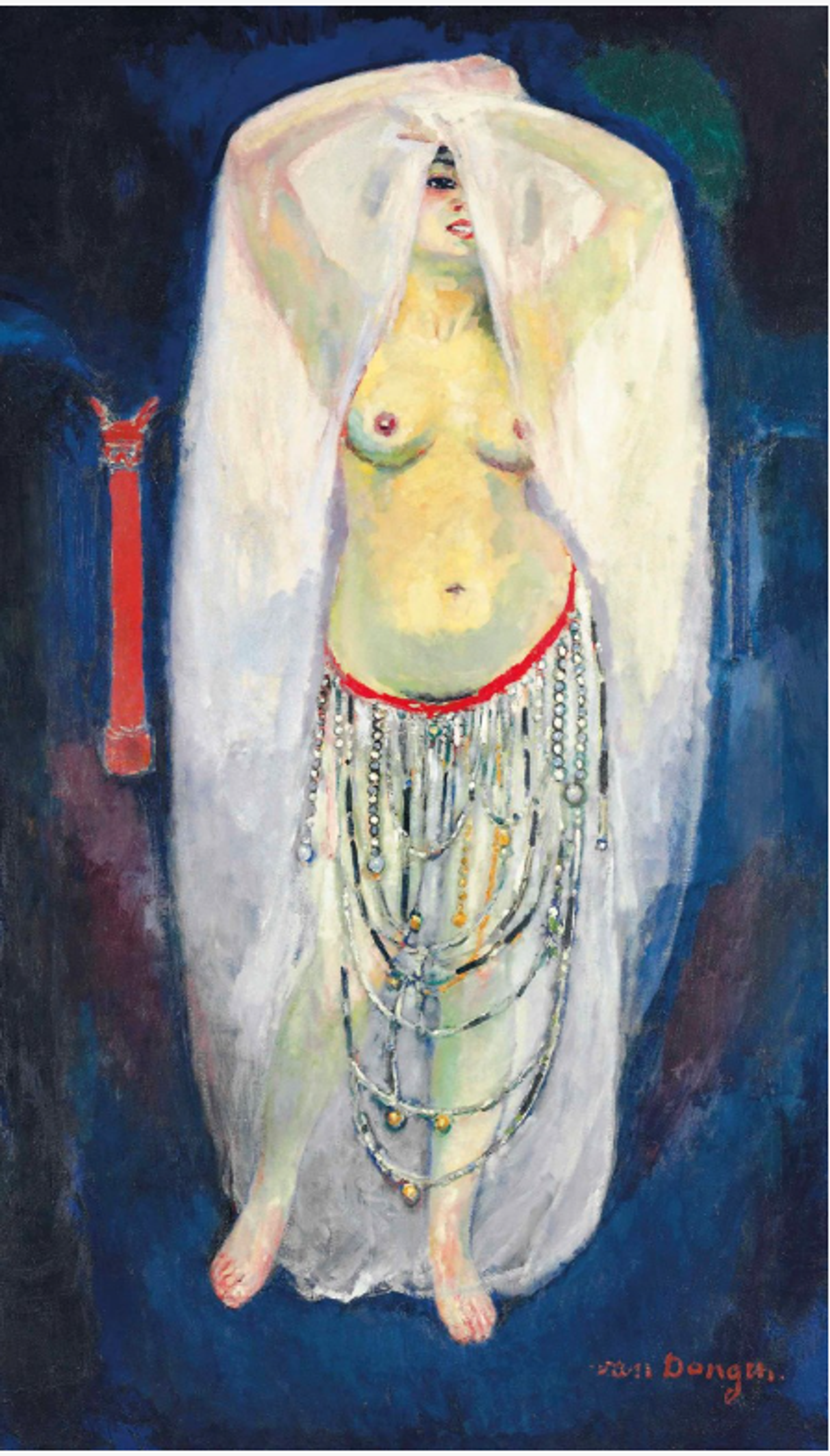 A standing female figure holding a semi-transparent veil-like white garment over her arms above her head. It partially reveals her nude body beneath. She wears elaborate jewellery, including a belt of strings of jewels, against a deep blue background.