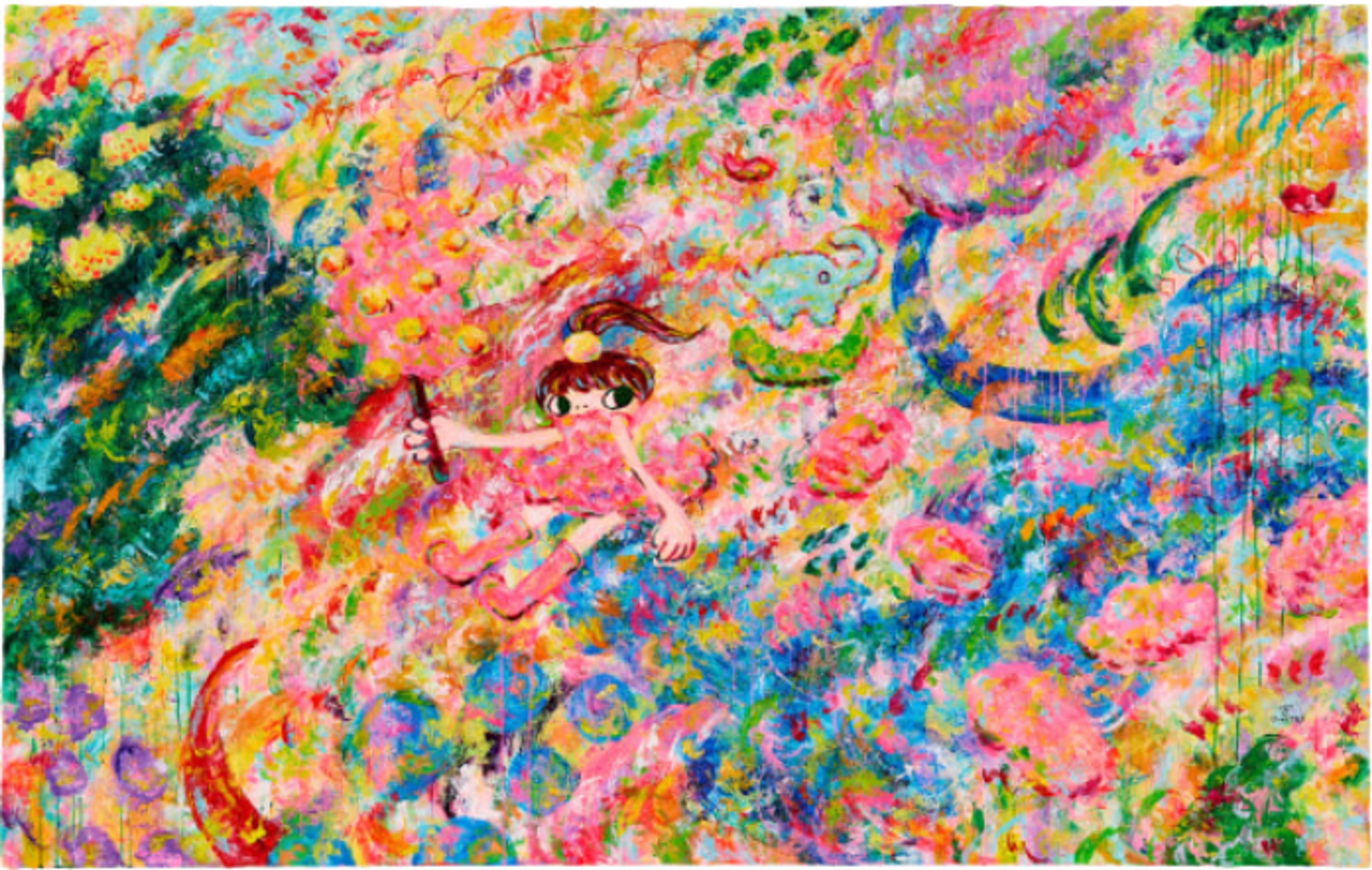 A lively abstract composition with bright colours, including yellow, pink, blue, and green in a dynamic, seemingly spontaneous arrangement. A dark-haired child-like female figure, painted in an anime style is visible in the centre. Other characters, including a blue elephant, are dotted around.