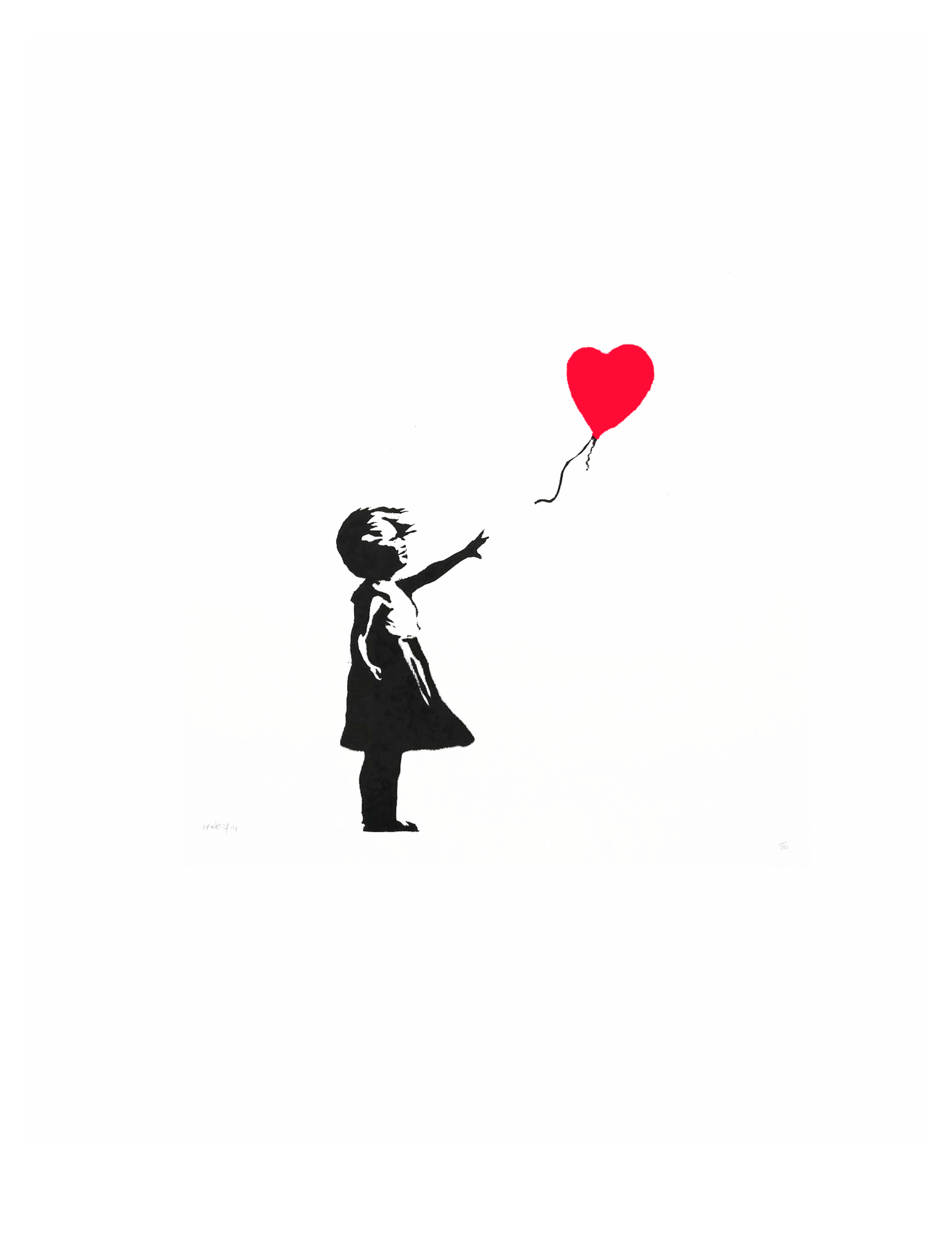 Jeune fille tendant la main vers un ballon rouge en forme de cœur dans une composition monochrome au pochoir par Banksy.