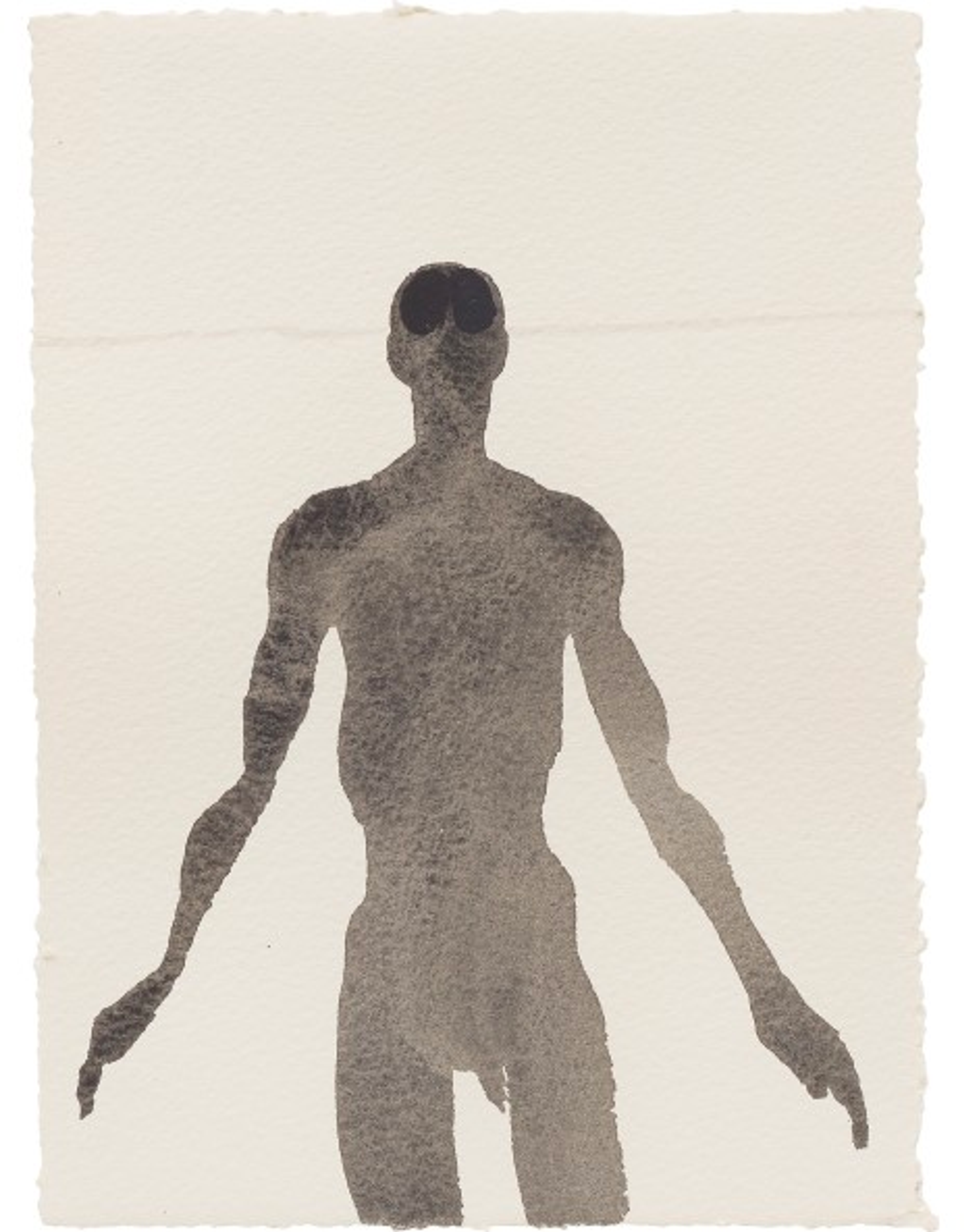 Un contour, semblable à une ombre, d'un corps humain masculin, avec deux cercles plus sombres sur la tête pour simuler des yeux, placé sur un fond beige.
