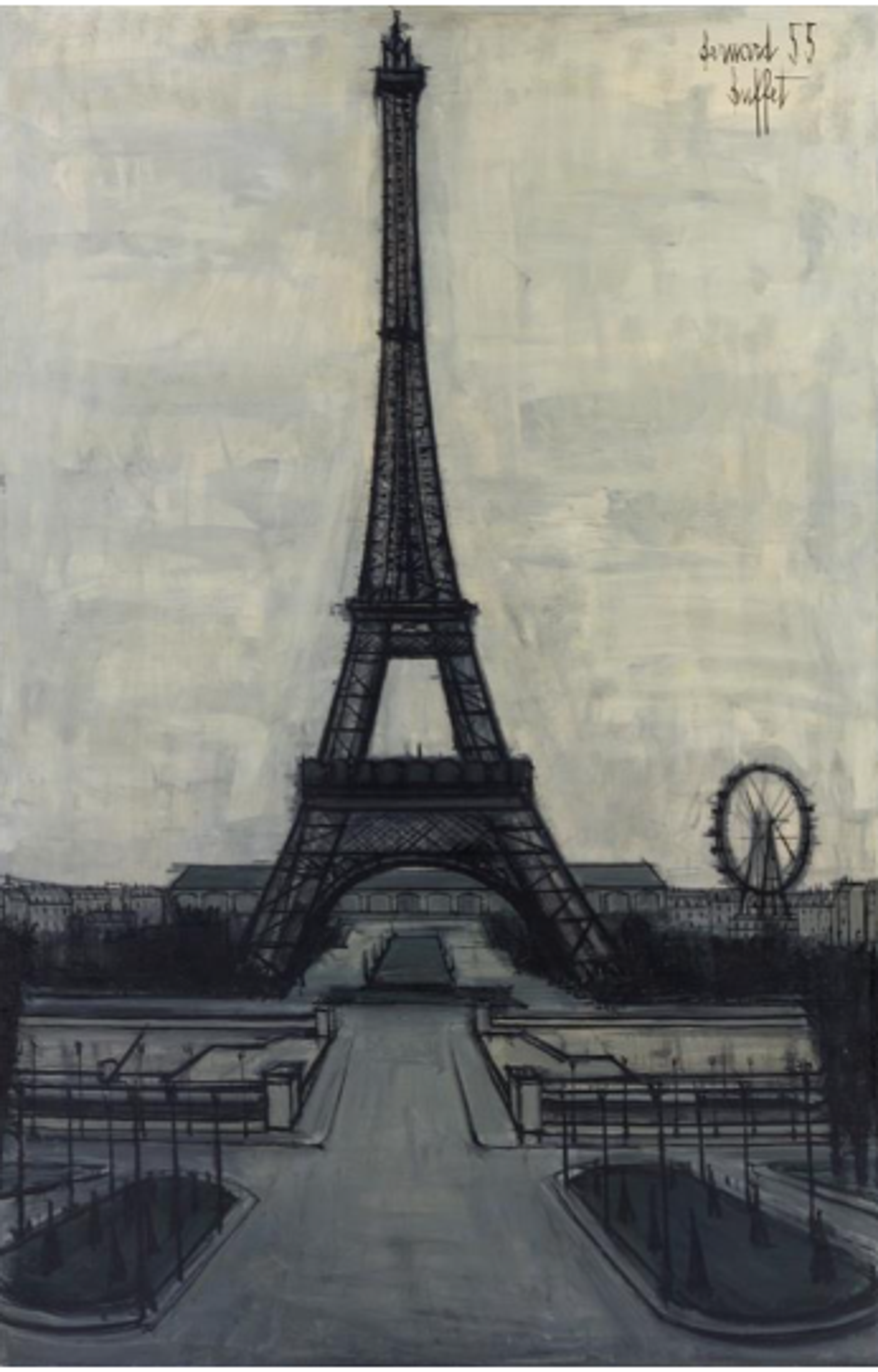 A stark, monochromatic view of the Eiffel Tower from the Champ de Mars. The tower rises prominently in the centre against a pale grey sky, with its intricate ironwork simplified into bold dark lines. The surrounding Paris landscape is rendered minimally, with geometric paths leading toward the monument and simplified structures in the background, including the Roue de Paris. The entire composition conveys a sense of post-war austerity through its limited palette and sharp contrasts.