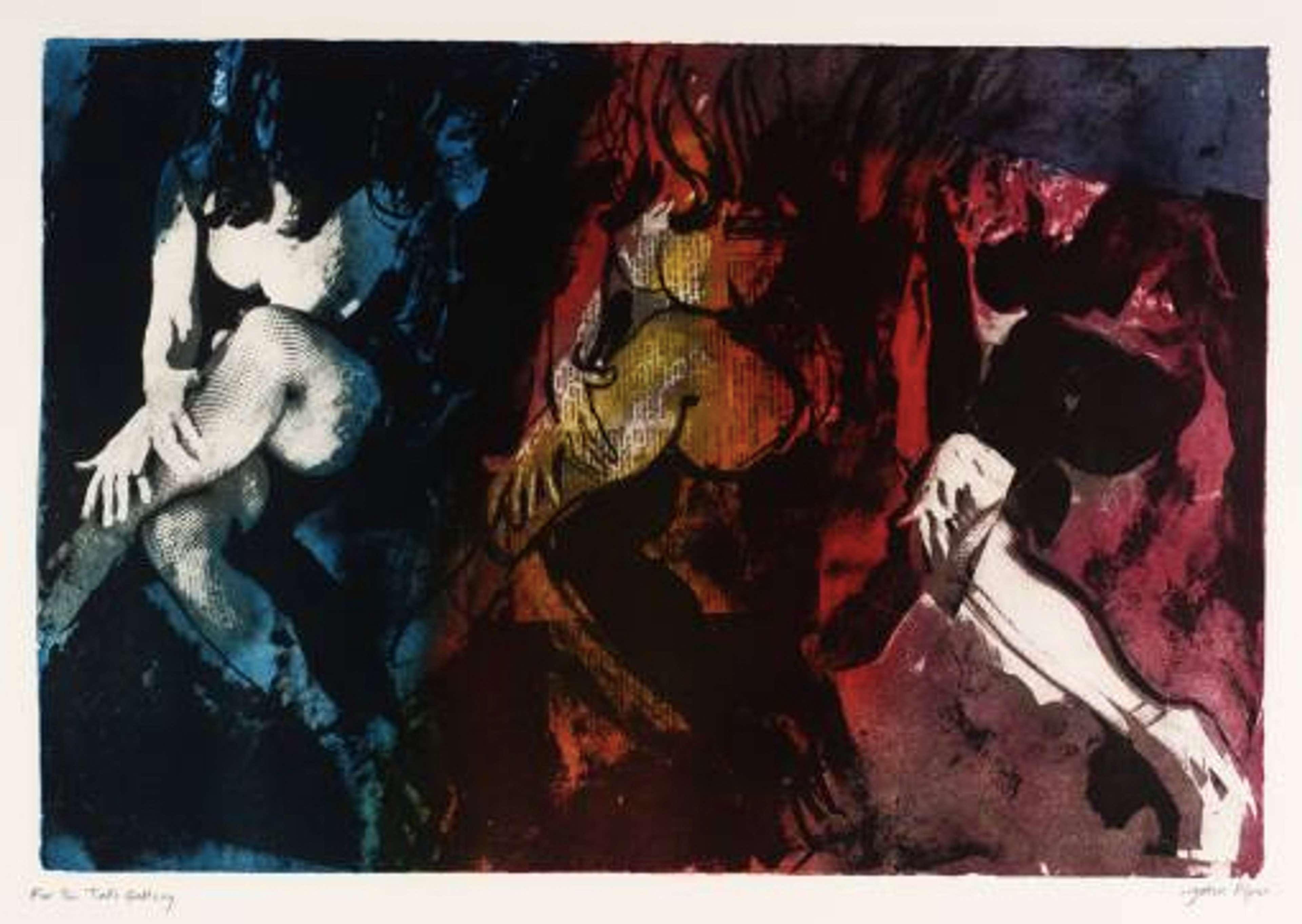 Estampe photomontée présentant trois épreuves négatives d'une femme assise. La femme est nue, les jambes croisées et le bras posé sur son tibia. La composition débute par un dégradé bleu et évolue vers des teintes plus chaudes de gauche à droite, ce qui crée un effet visuellement dynamique.