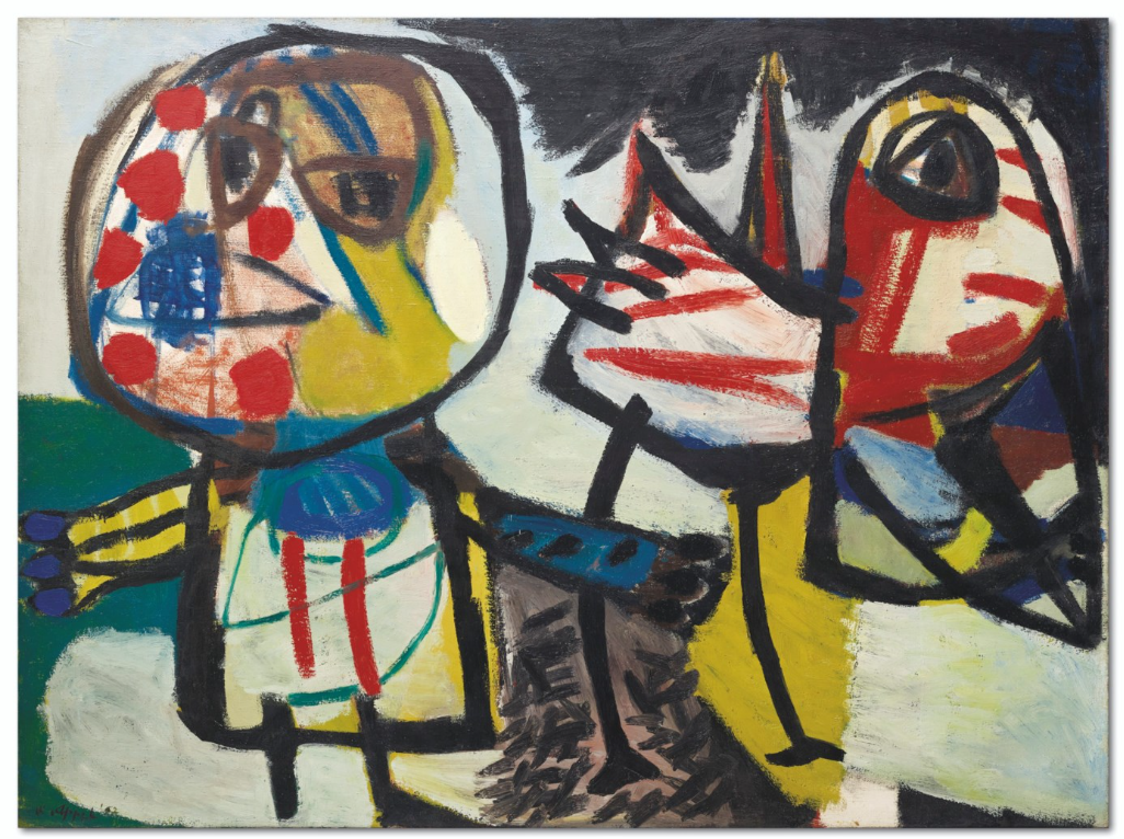 Abstract composition with featuring a childlike outline of a human form, next to a bird-like form. The characters are outlined in black against a black, white, and grey background, with small sections and lines of yellow, red, and blue.