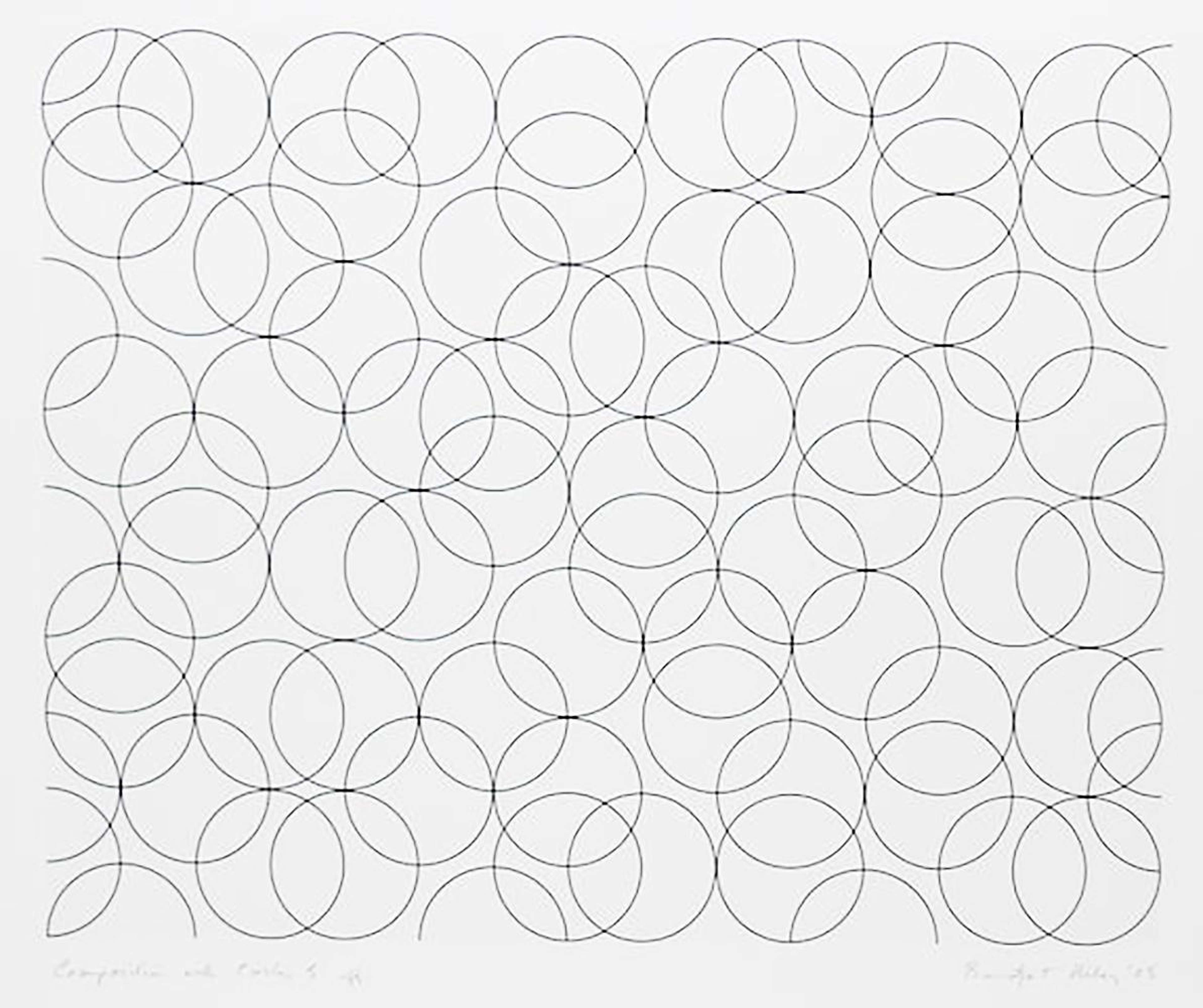 Une série de cercles noirs se chevauchant sur un fond blanc, réalisée par l'artiste Bridget Riley.