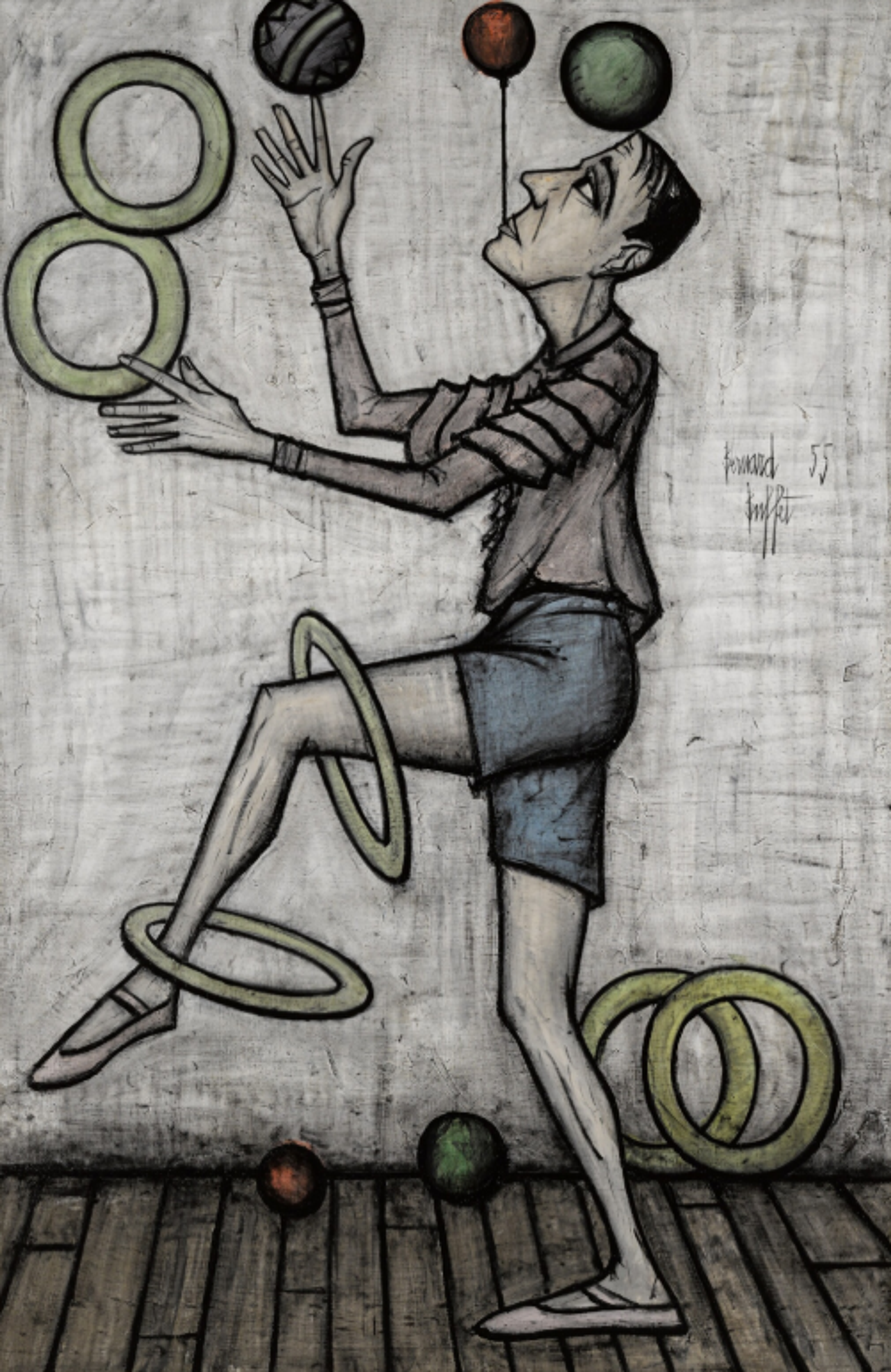 A single, thin figure of a juggler rendered in a minimalist grey palette. The juggler is shown in profile, with an elongated body, with his left leg raised. Two rings are circling his raised leg; another two rings are in mid-air; and another two rings rest against the wall in the background. Three balls are in the air, one touching his outstretched finger, one seemingly on a black thread from his lips, the other resting on his forehead. The colour palette is grey and muted.
