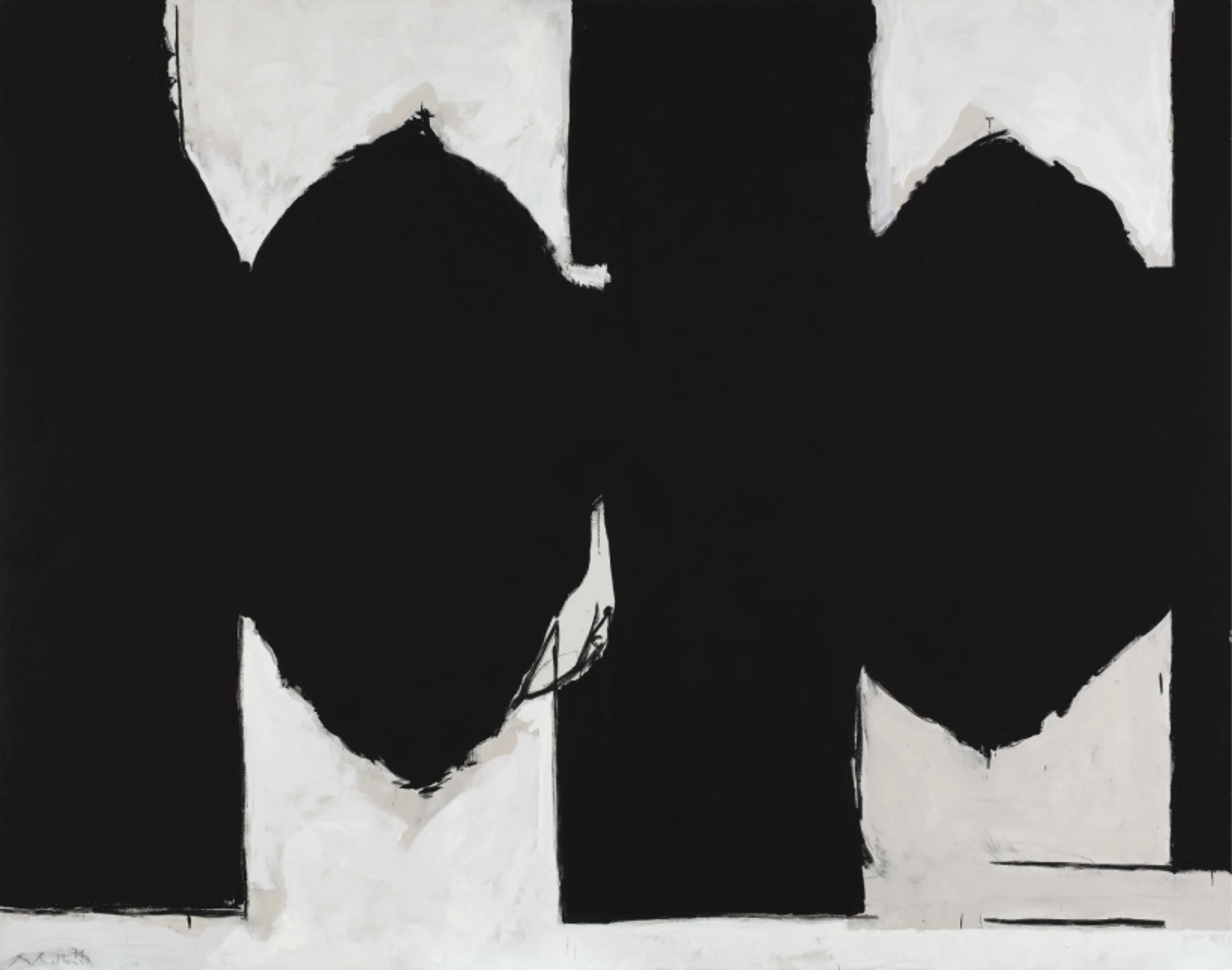 Black and white abstract painting with three thick vertical black brushstrokes against a white background. Between the tree strokes are two black oval shapes.