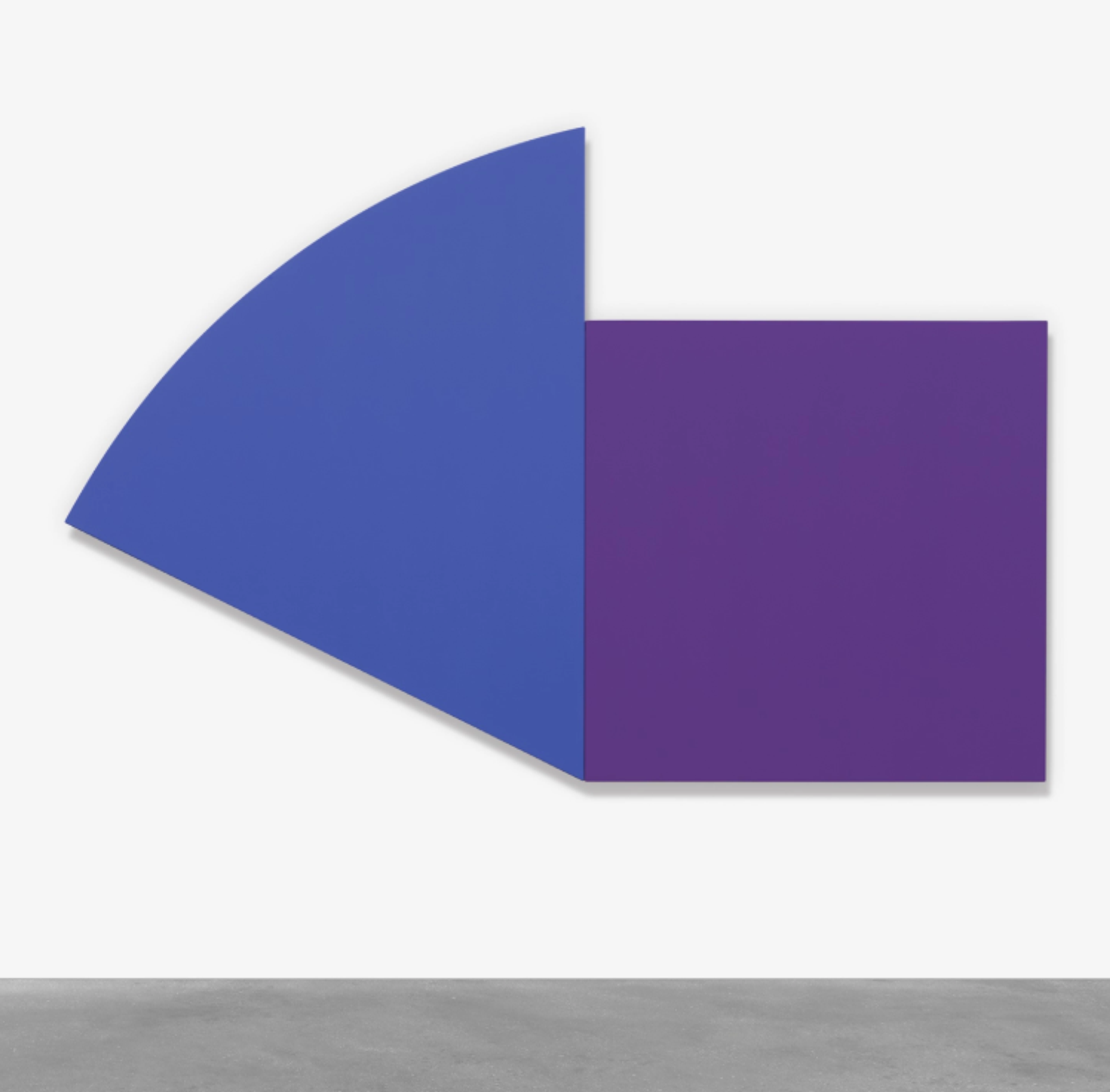 Two conjoined canvas panels. On the left is a triangular blue panel with a curved upper edge. Its right-hand straight side is held vertically, connected to the left side of a square purple panel. The narrowest angle of the triangle is perfectly aligned with the lower left corner of the square.
