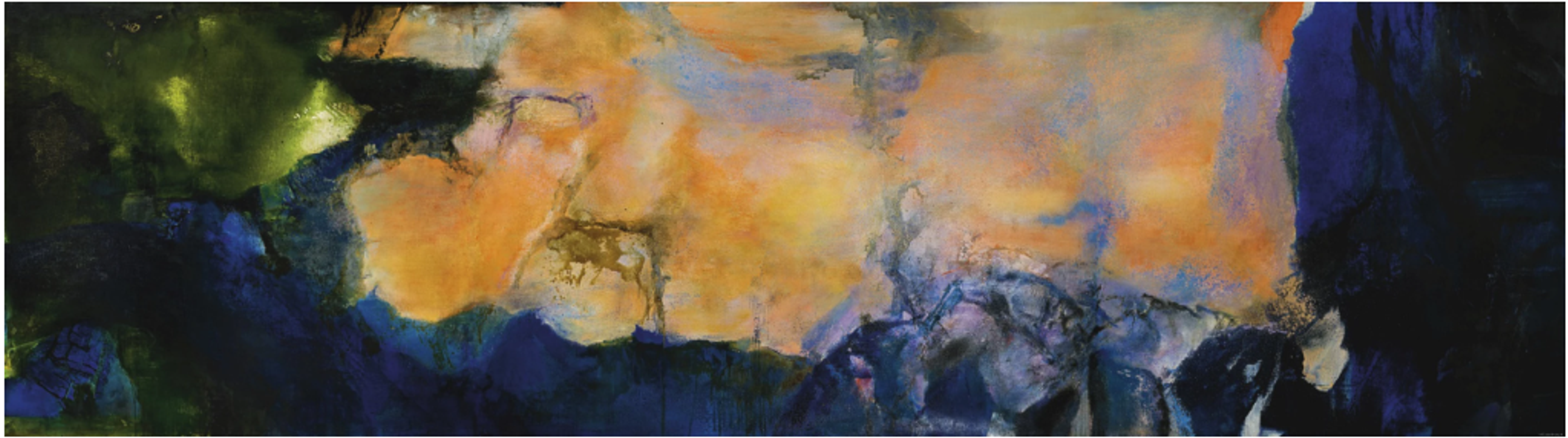 A wide, horizontal abstract painting with vibrant orange, blue, and dark elements creating a striking colour contrast. The darker colours appear to sit in the foreground, with the warmer, lighter, orange tones beyond. The colours mingling with a marbling effect.