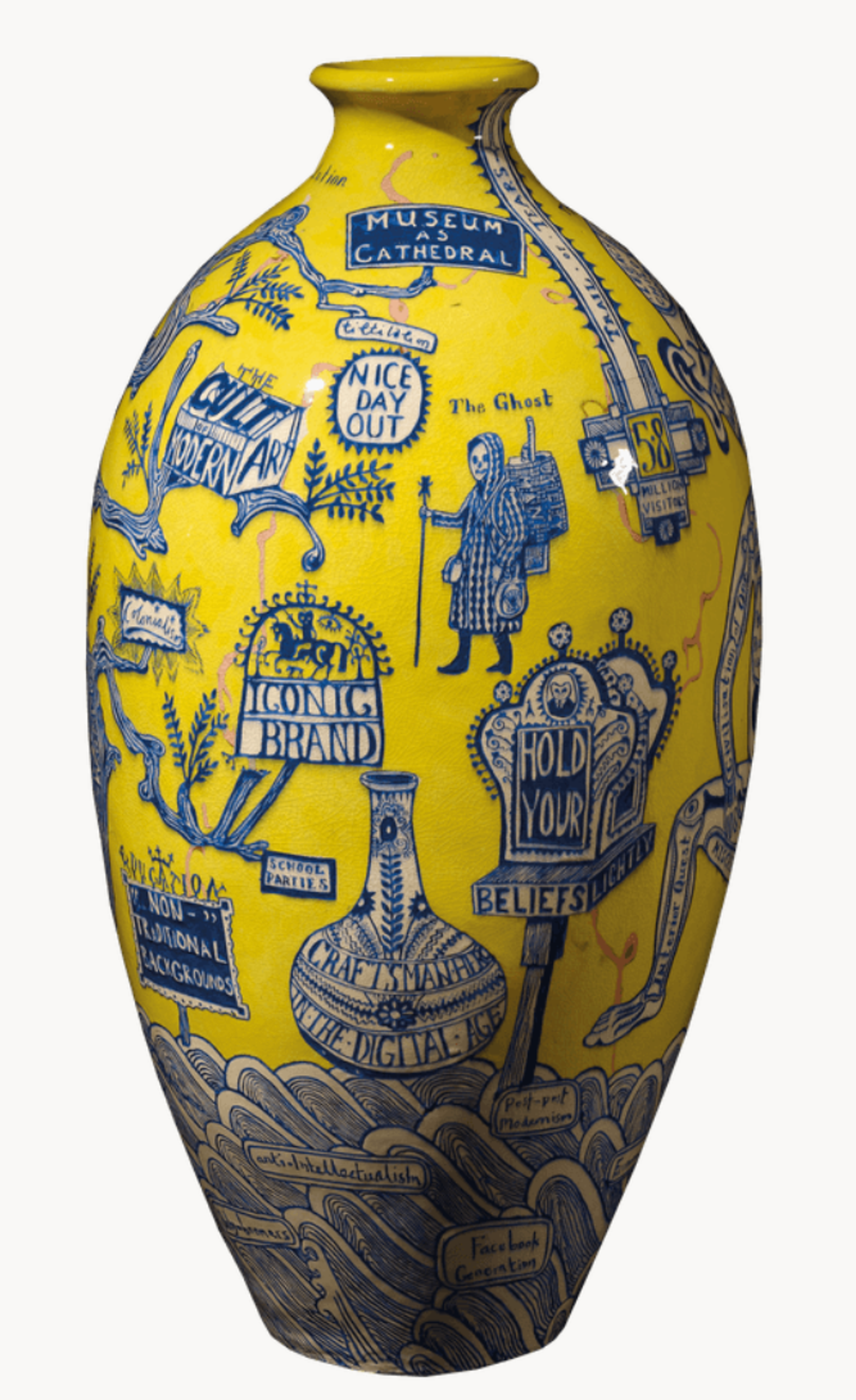 Vase en céramique jaune de Grayson Perry, recouvert de représentations bleues et blanches des œuvres du British Museum.