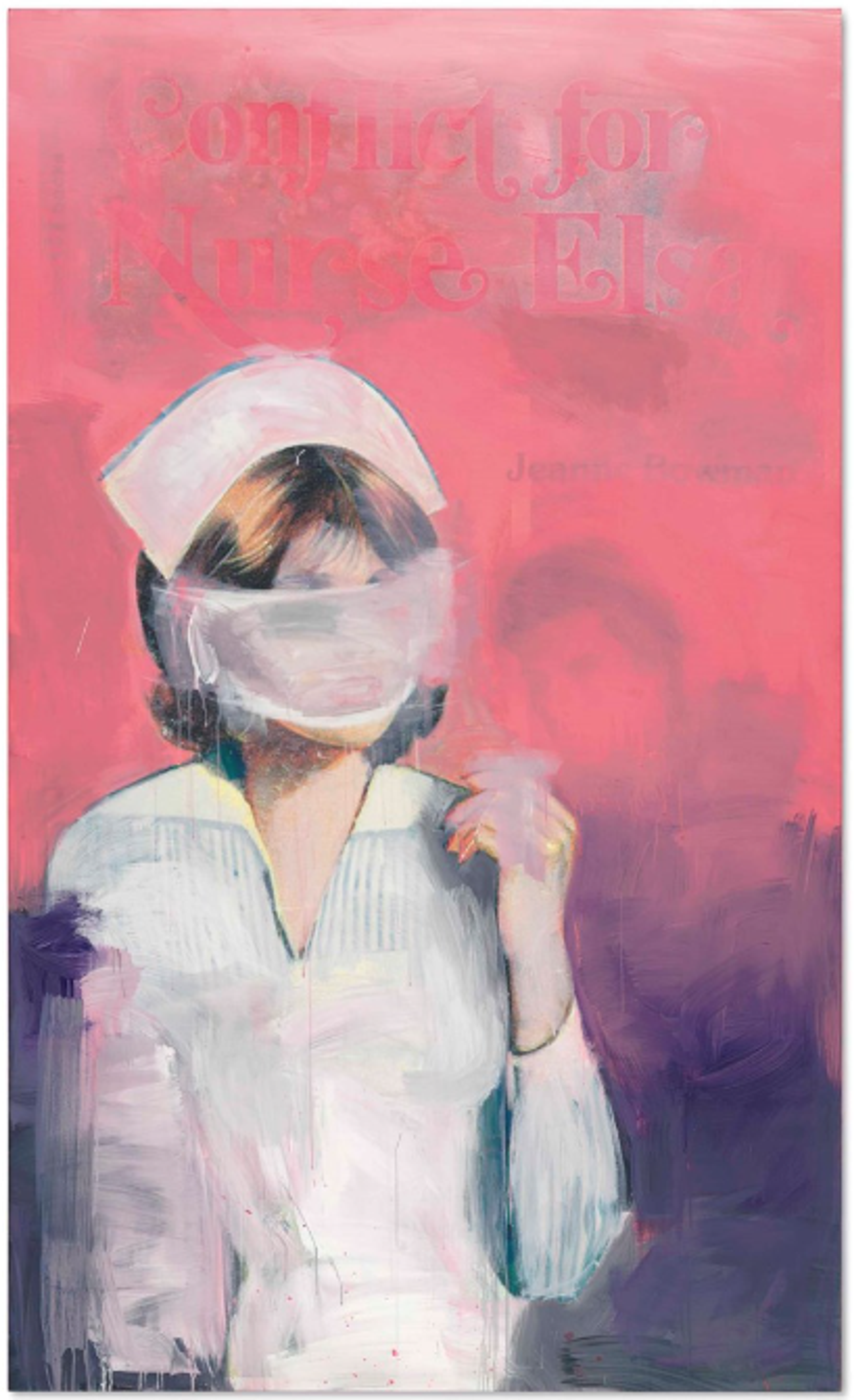 A figure in a nurse's cap and mask set against a predominantly pink and purple background. The portrait has a soft, diffused appearance with gentle colour transitions. She holds her left hand up towards her face. The words “Conflict For Nurse Elsa” are just visible across the top of the painting.
