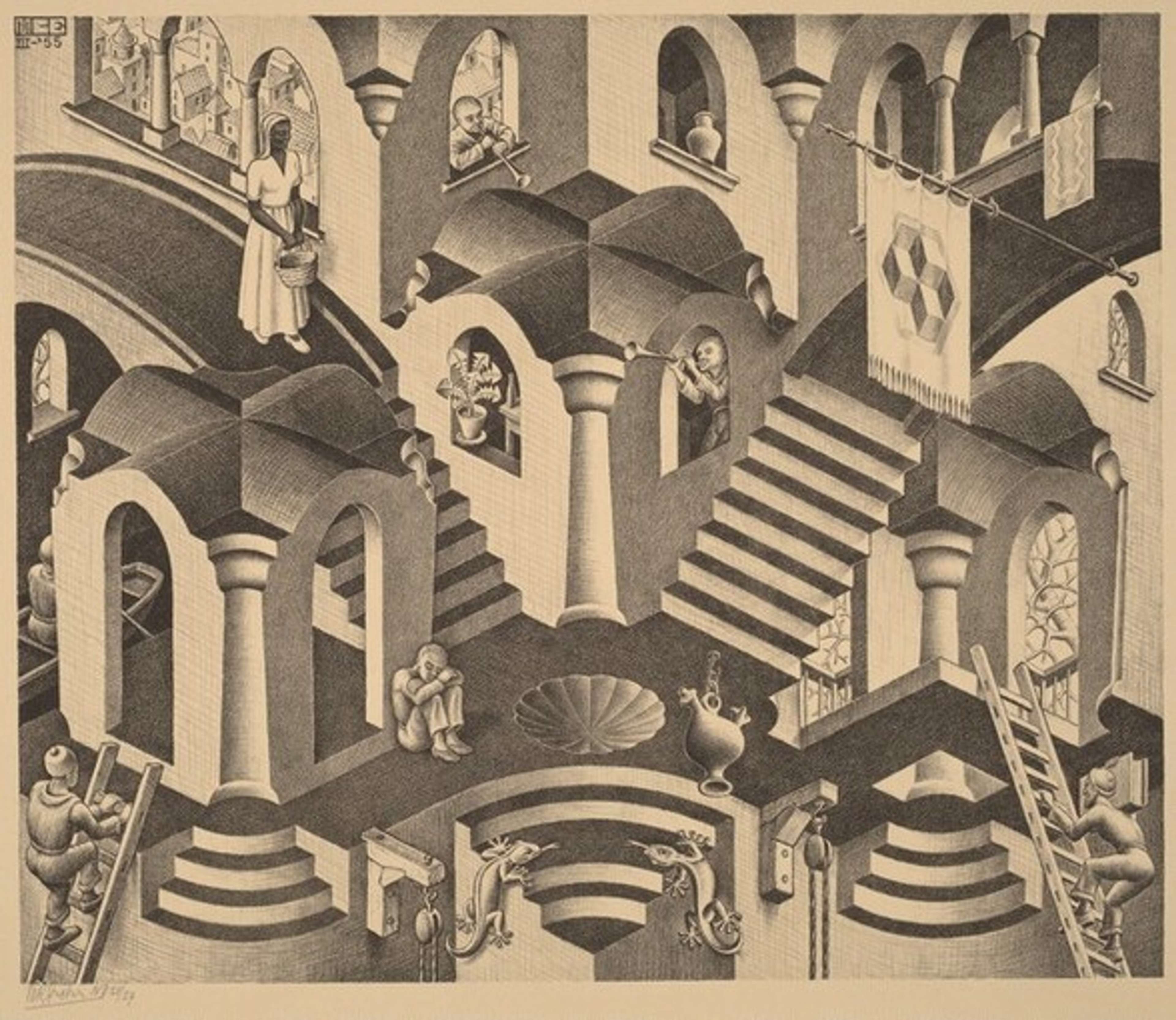 Une estampe lithographique intitulée « Convex And Concave » de M.C. Escher. L'œuvre présente des formes entrelacées combinant des surfaces convexes et concaves, agencées selon un motif répétitif qui crée une illusion d'optique de profondeur et de mouvement.