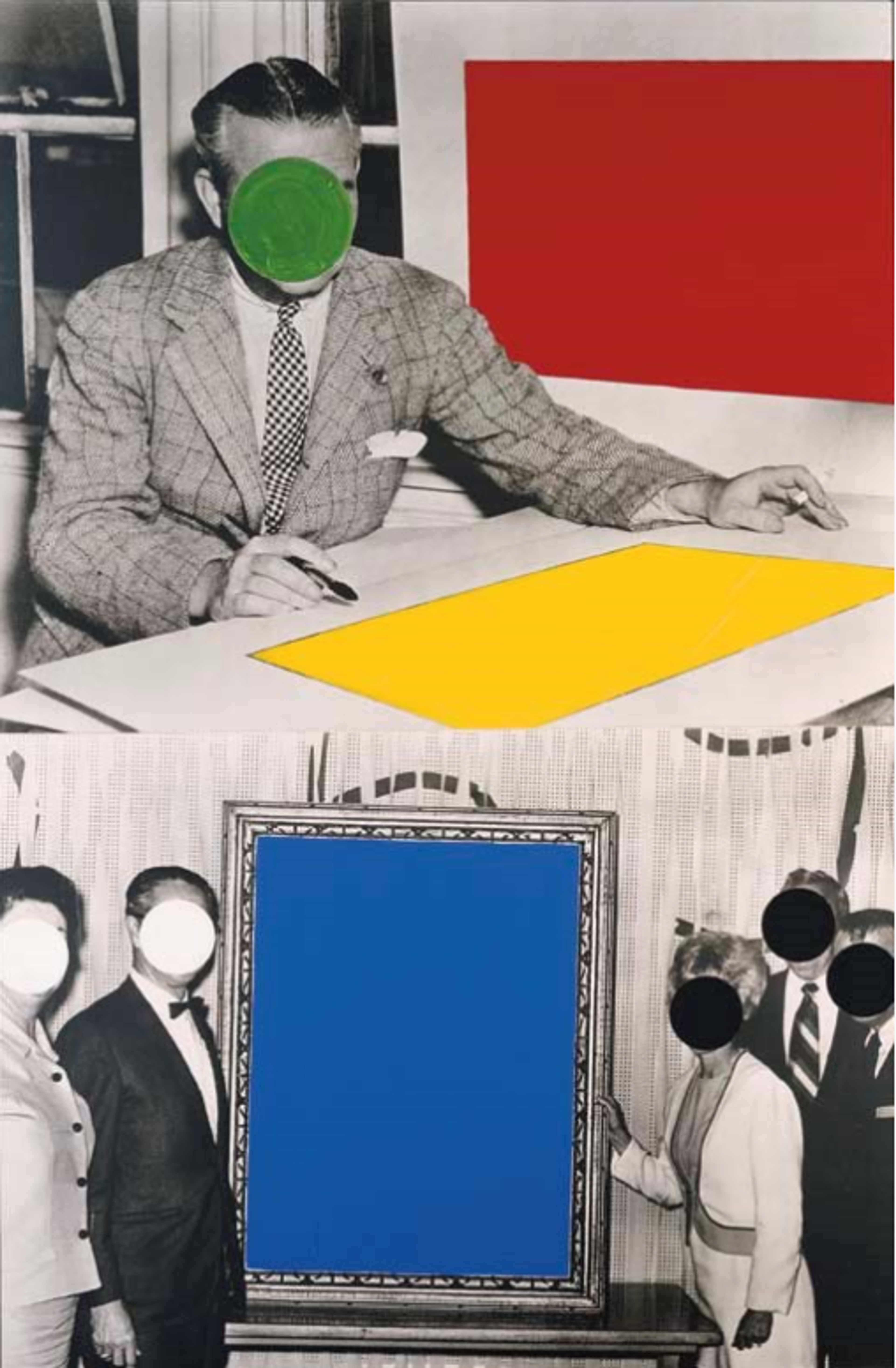 Two black-and-white photographs are arranged vertically. The top photograph shows a smart man seated with pen in hand, ready to sign an artwork in front of him. The artwork is obscured by a bright yellow shape. On the wall behind him, another artwork is obscured by a red shape. His face is obscured by a green dot. In the lower photograph, smart men and women stand beside a framed artwork, as if presenting it to the viewer. The artwork is obscured by a blue rectangle, while their faces are obscured by black and white dots.