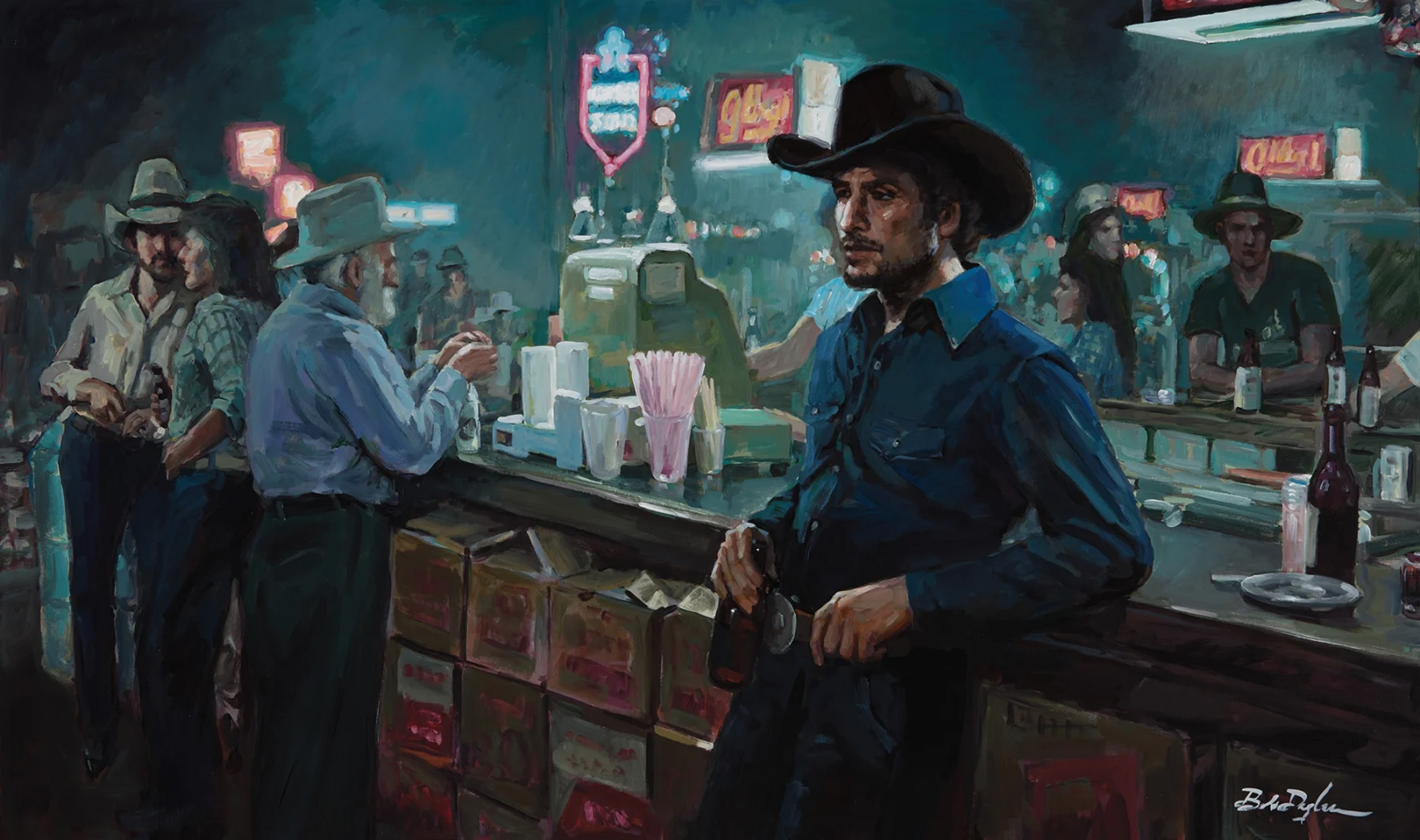 La figure centrale, un cowboy portant une chemise en jean bleu rentrée dans son pantalon, s'adosse au bar en s'appuyant sur ses deux coudes. Il porte un chapeau de cowboy et son regard est direct. D'autres silhouettes sont visibles dans la pièce, toutes vêtues de chemises boutonnées, de jeans et de chapeaux de cowboy similaires.