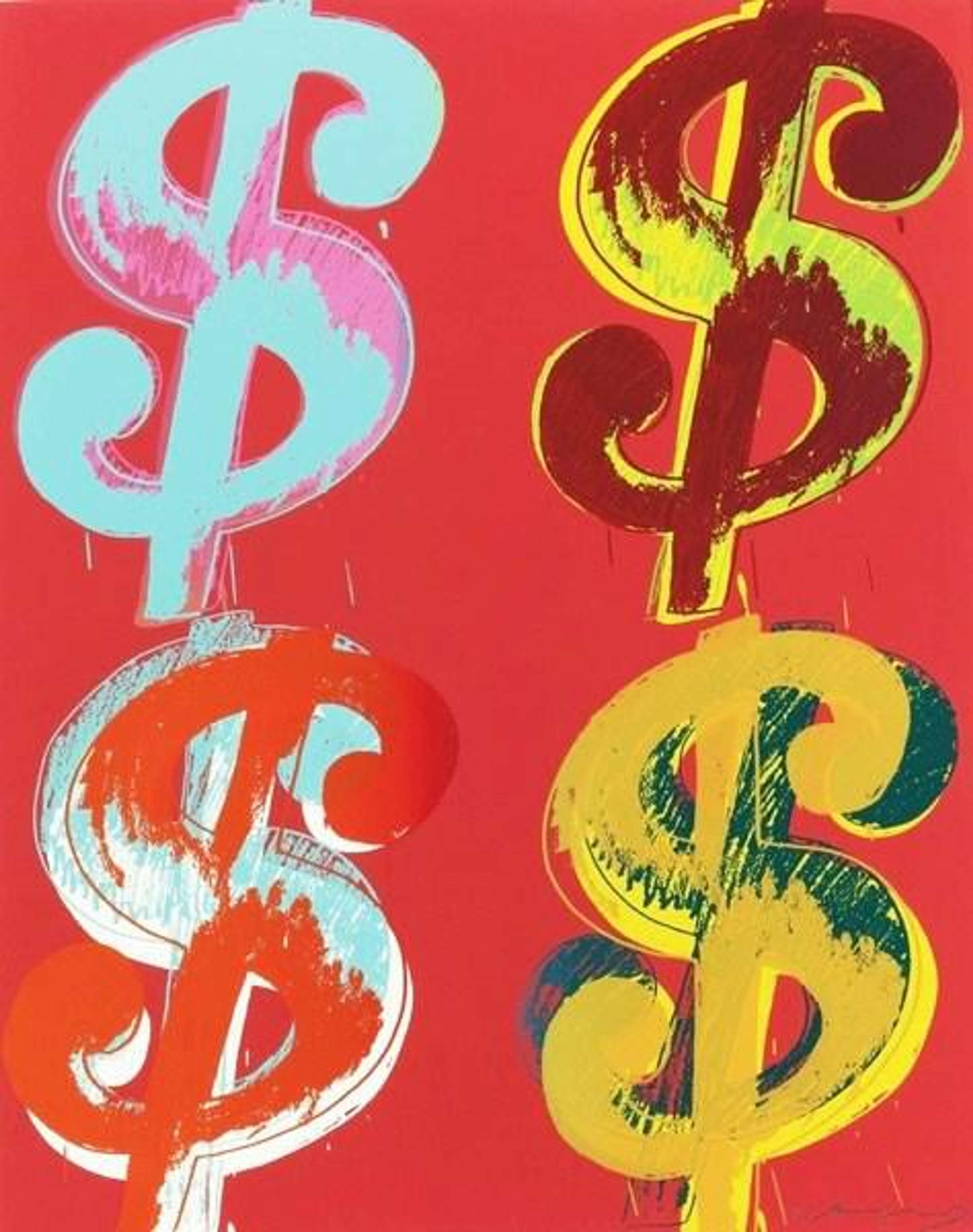 Screenprint of four vibrant dollar signs on a flat bright red backdrop.