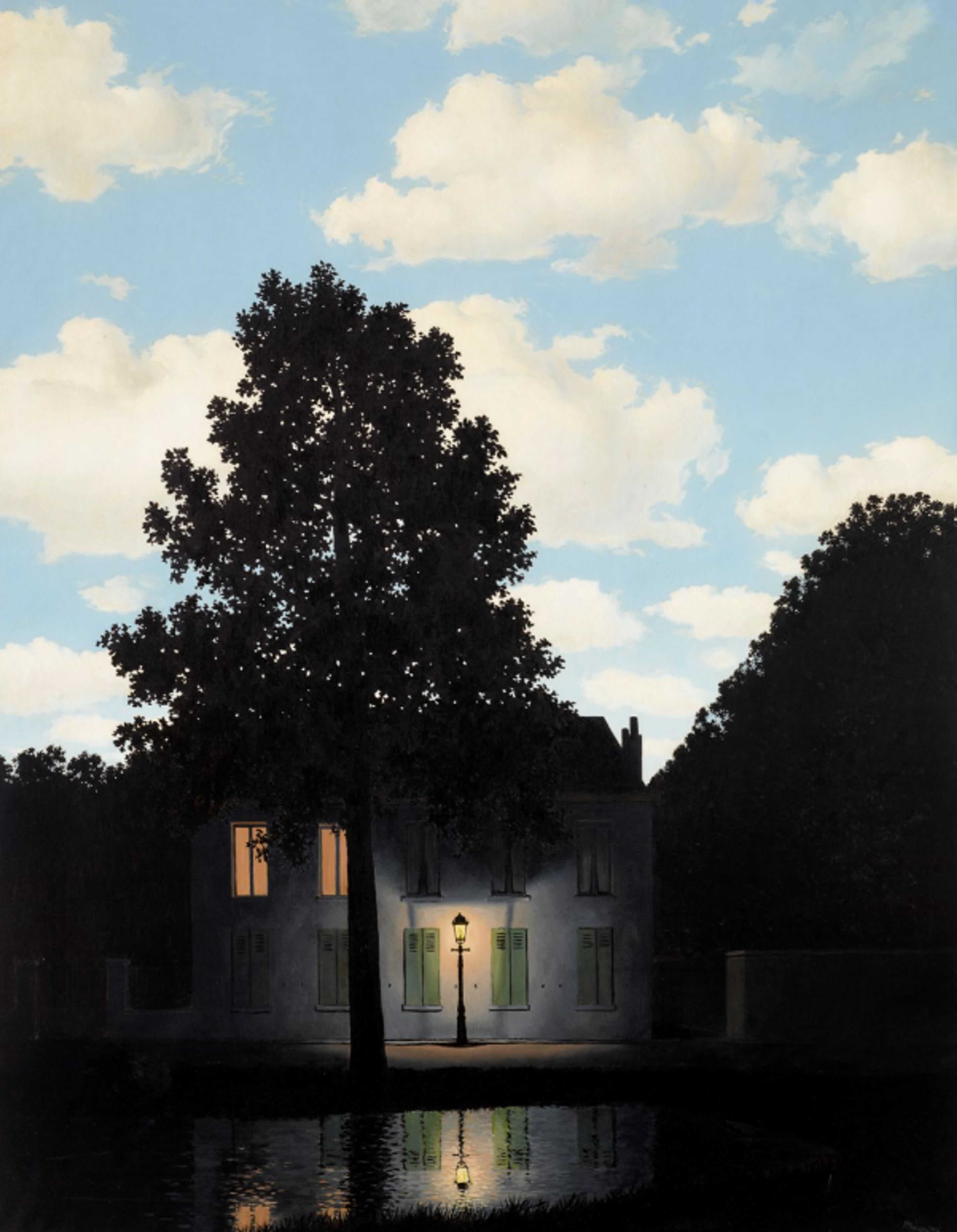 A surreal night scene showing a white house with two lit windows, green window shutters, and a lamppost by the front door, surrounded by dark trees, under a paradoxically bright blue sky with white clouds.
