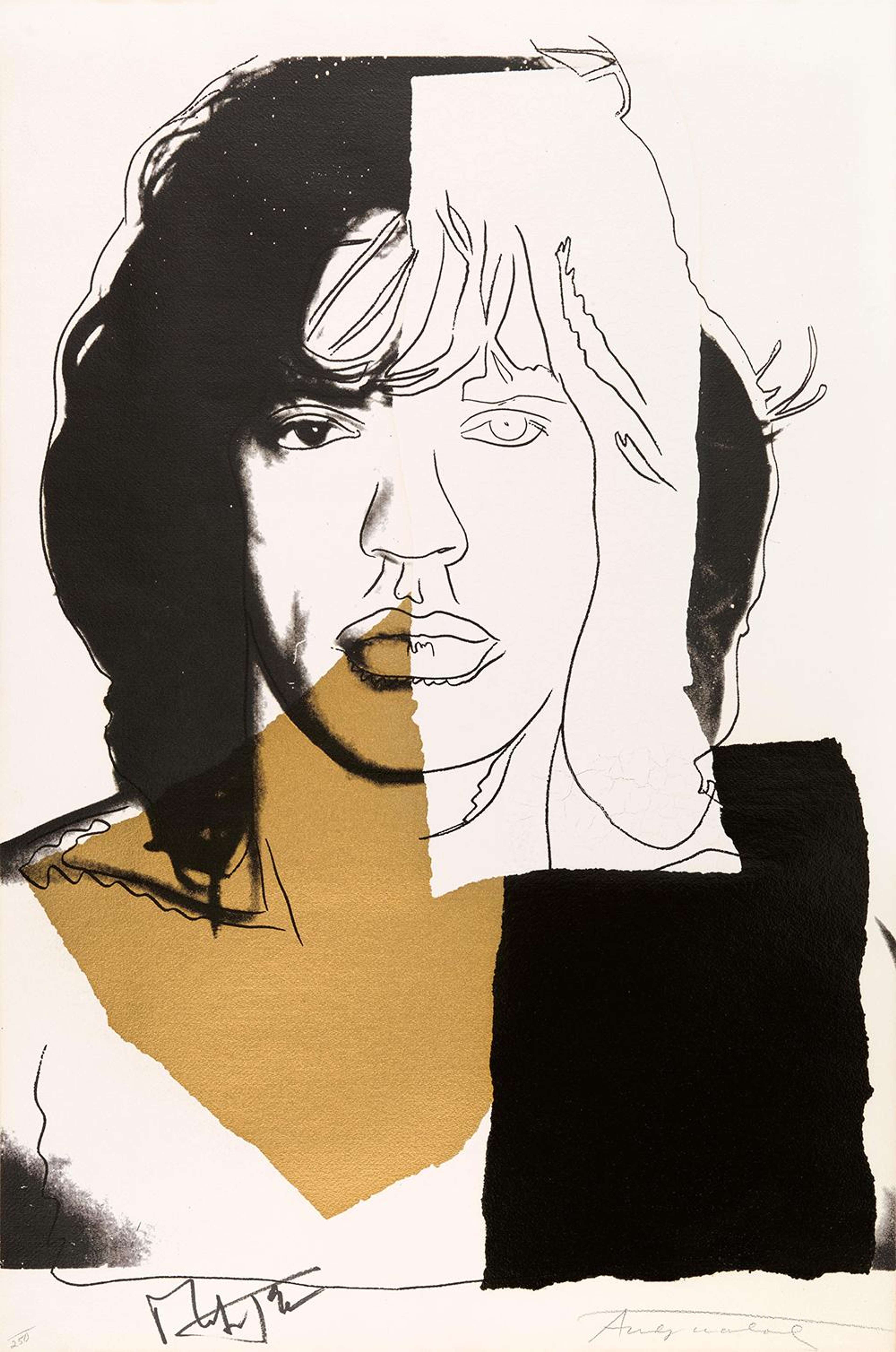Une sérigraphie d'Andy Warhol, intitulée « Mick Jagger (F. & S. II.146) », représentant un portrait en pied divisé, avec la moitié du visage masquée par un voile blanc, des cheveux noirs, une zone brune et un bloc noir uni ; exécutée dans le style Pop Art, signée dans la marge inférieure.