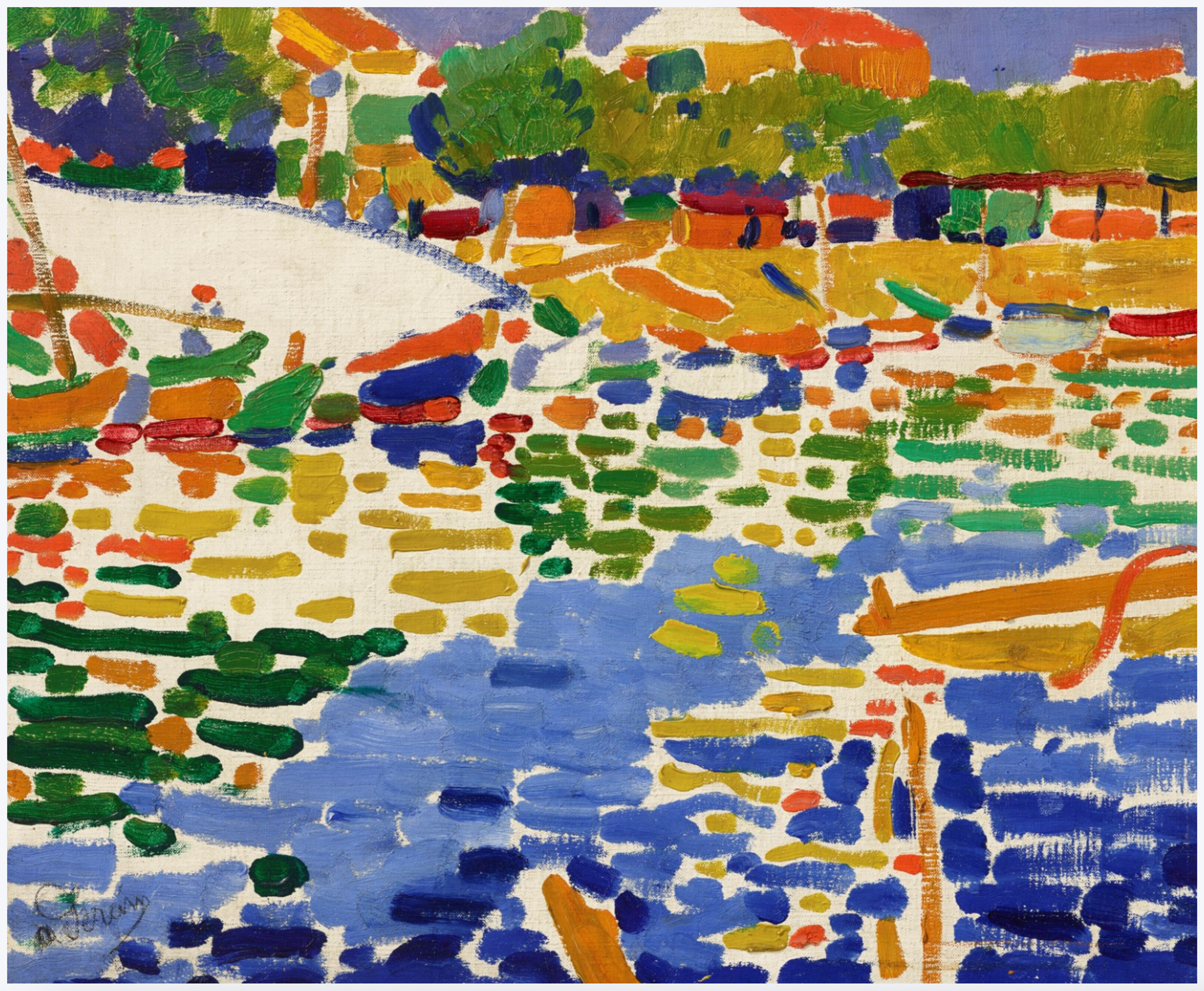 A painting of boats moored on the waterside of a Mediterranean fishing village. The shoreline runs along the top third of the painting, as if disappearing around a corner to the right. The water appears as a patchwork of short blue, green, and yellow brushstrokes; the land and vessels are complementary oranges and reds. There is a suggestion of trees, houses, and figures on the shore.