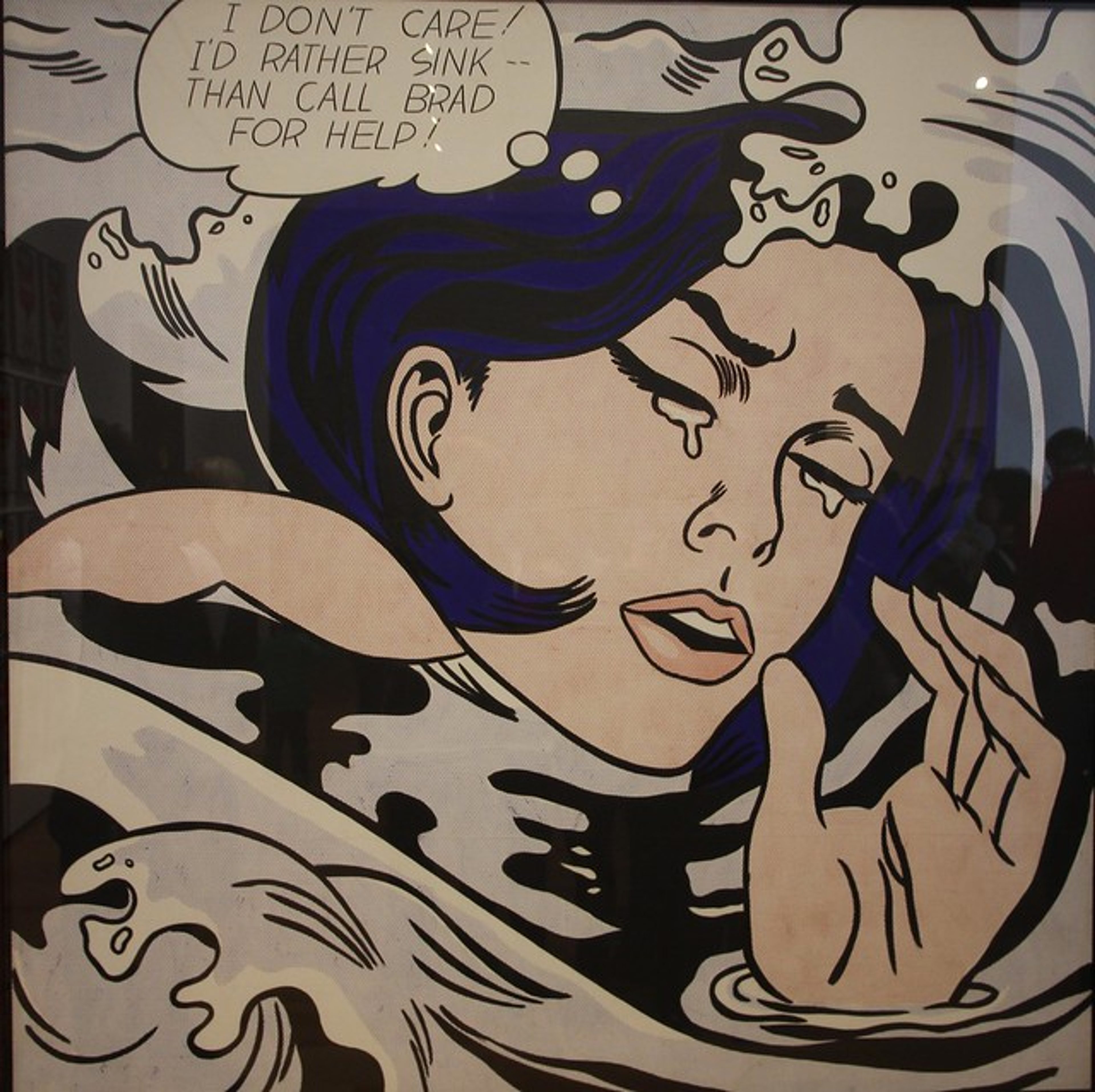 Cette peinture représente une femme en larmes sur une mer agitée. Elle est visiblement bouleversée sur le plan émotionnel, apparemment à cause d'une histoire d'amour. Utilisant les codes du dessin de bande dessinée, une bulle de pensée indique : « Je m'en fiche ! Je préfère couler — Plutôt que d'appeler Brad à l'aide ! ». Cet élément narratif souligne le mélodrame cliché, tandis que ses graphismes — notamment les points Ben-Day qui rappellent l'effet du procédé d'impression — réaffirment le thème de Lichtenstein sur le travail pictural imitant la reproduction mécanisée.