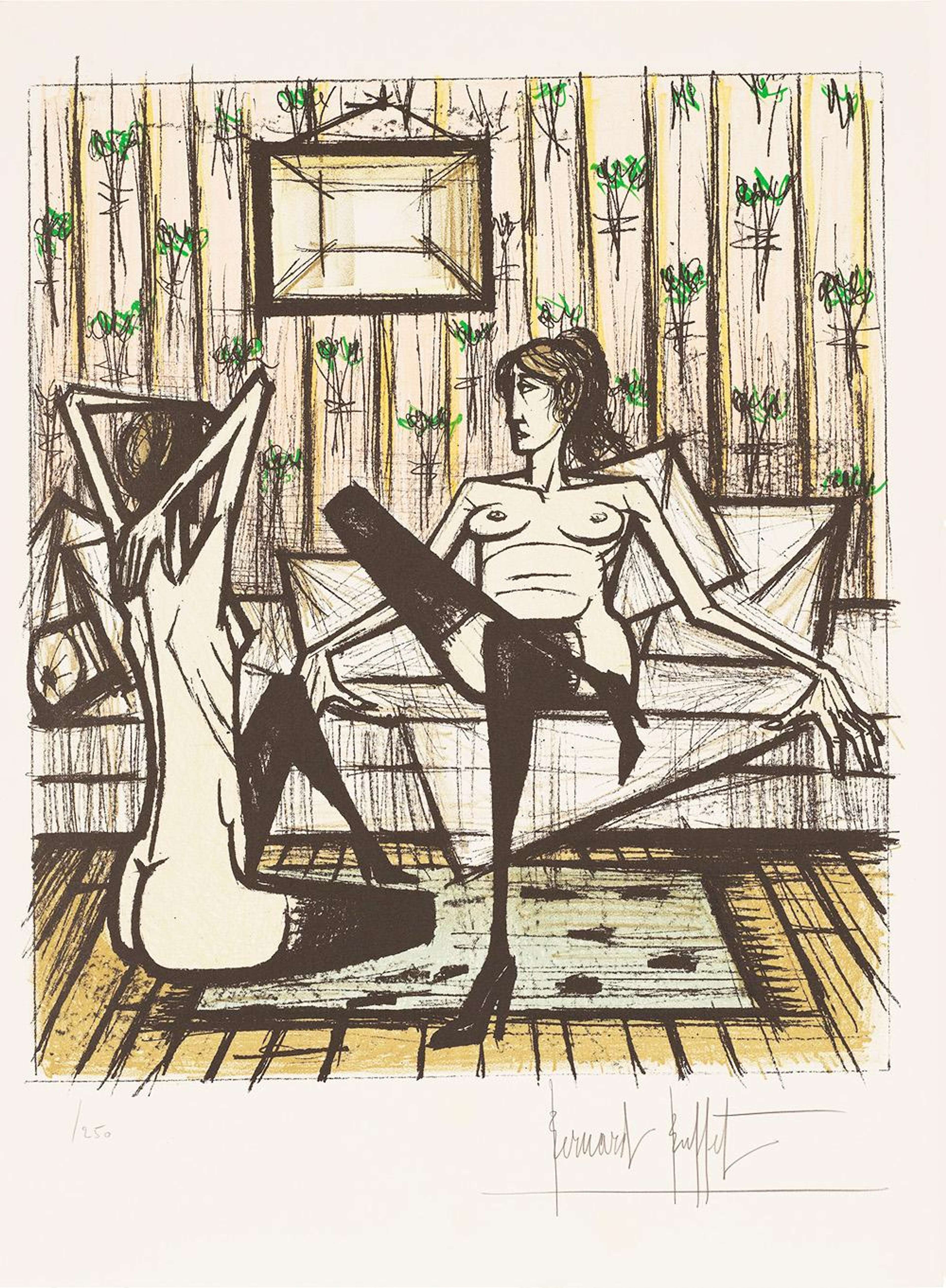 Deux figures féminines anguleuses, nues à l'exception de bas et de bottes à talons hauts (High Heels), sont assises dans une chambre. L'une est allongée sur le lit, inclinée vers le spectateur, tandis que l'autre est à genoux sur le sol, les mains étendues par-dessus ses épaules, faisant face à la première figure. Un tapis tacheté recouvre le plancher en bois, et le mur est recouvert d'un papier peint décoratif jaune à motifs floraux verts. La palette de couleurs générale est dominée par des jaunes discrets. Chaque élément est dessiné avec des lignes noires épaisses et un hachurage râpeux.