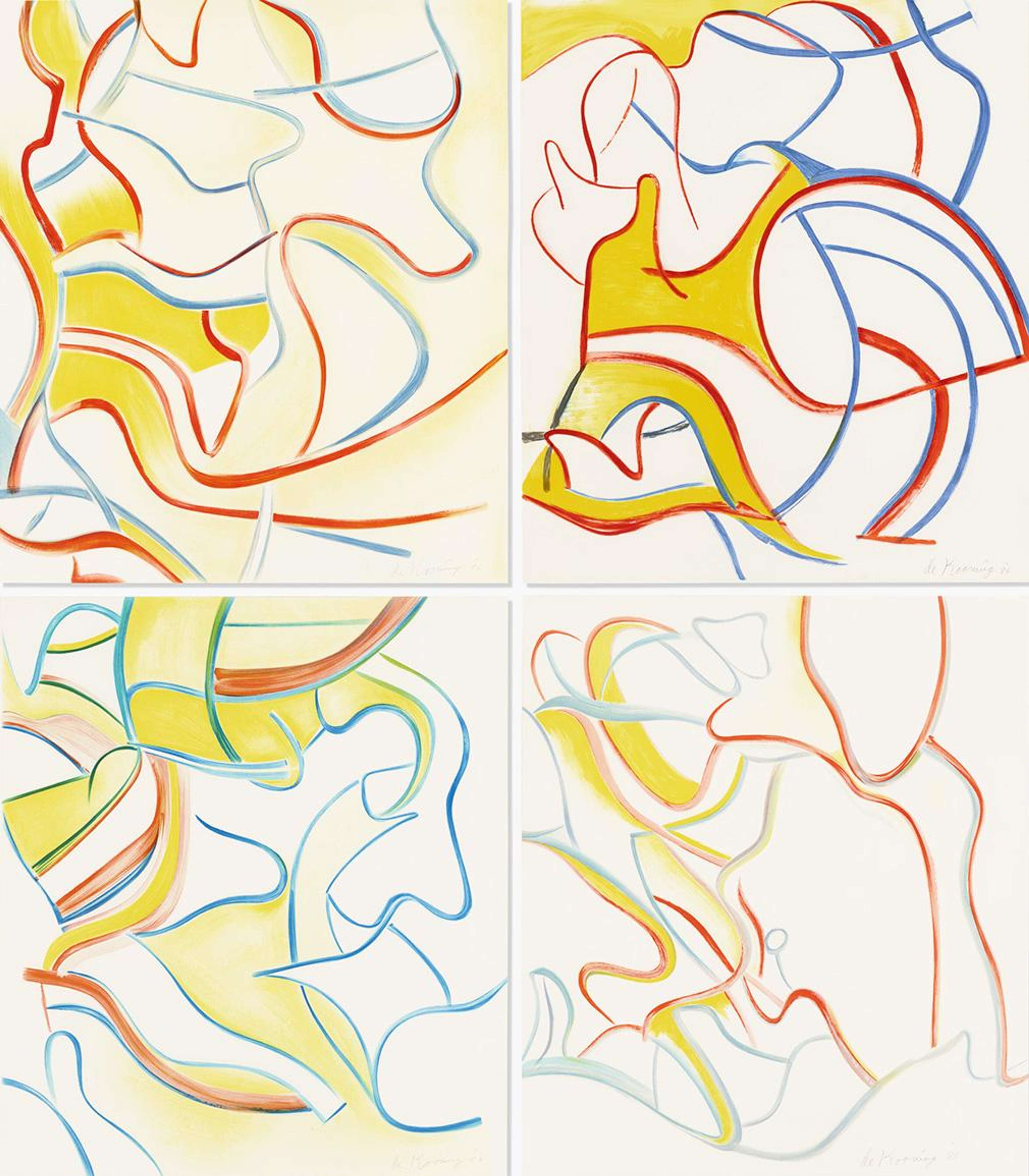 Un lot de quatre estampes, chacune présentant à la fois des lignes de couleur lisses et entrecroisées. Les lignes sont rouges et bleues, certaines des formes créées entre elles étant remplies de jaune.