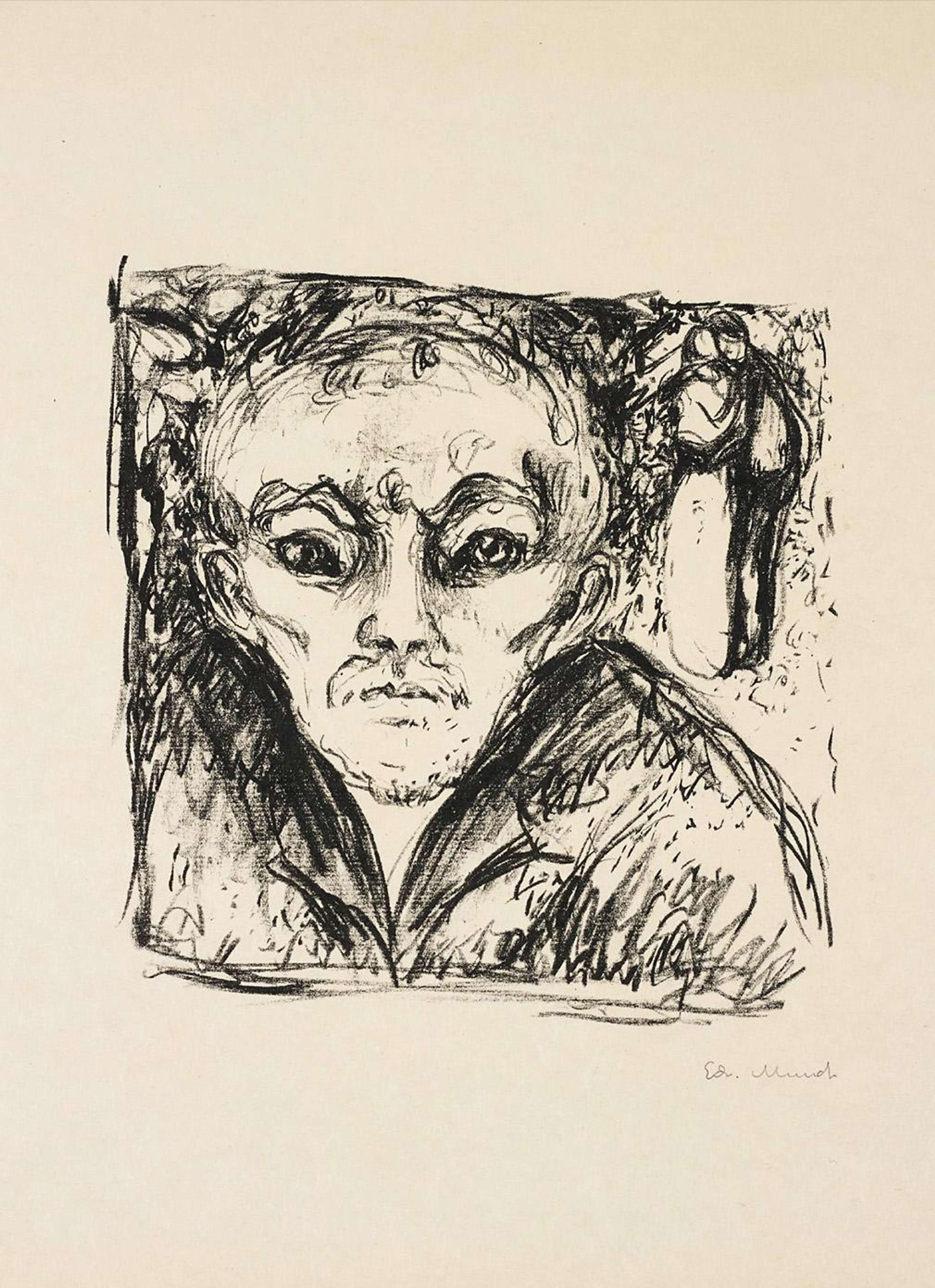 Un portrait d'un homme chauve et moustachu qui regarde directement le spectateur, réalisé à l'encre noire sur un fond blanc cassé.
