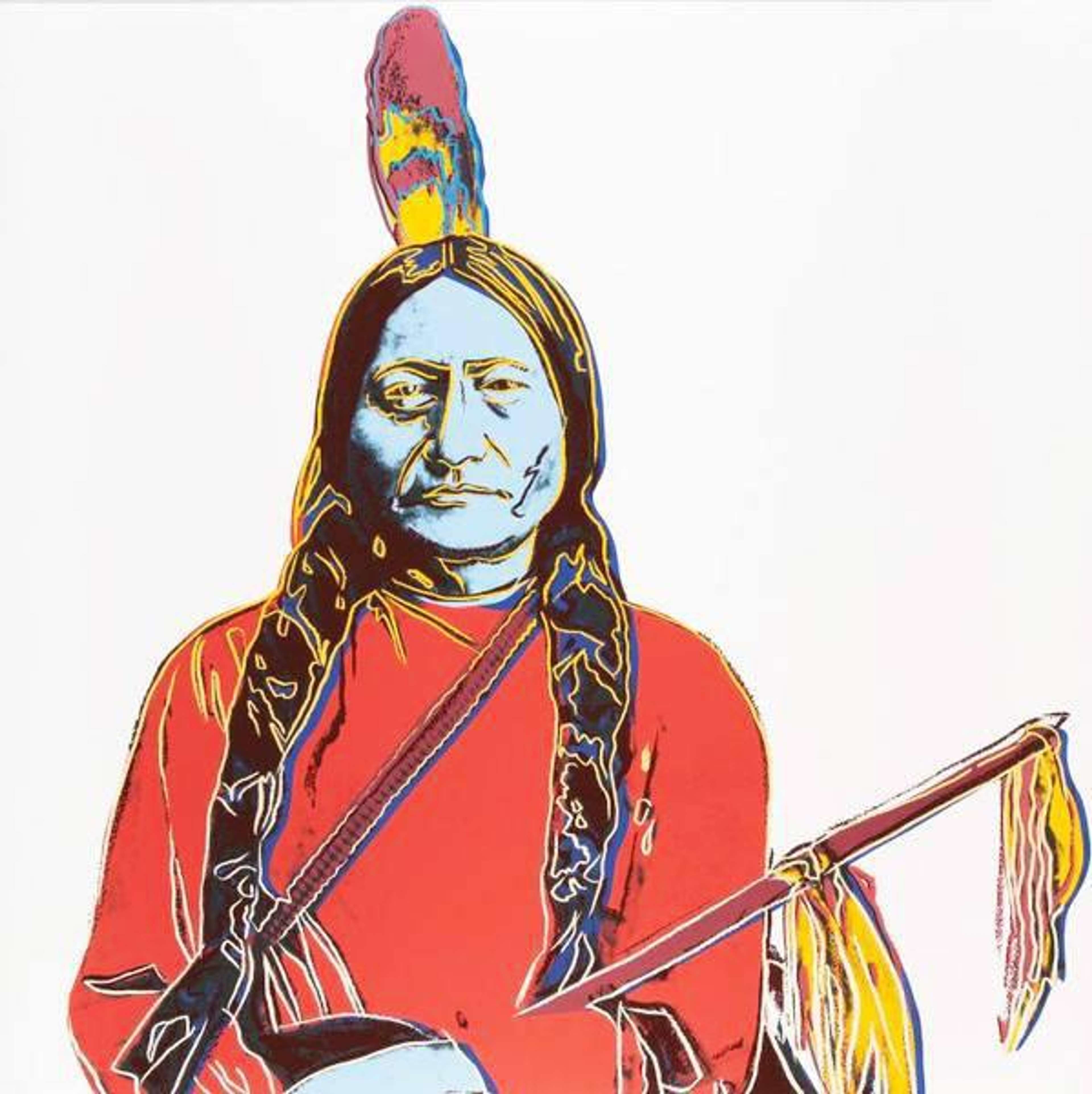 A screen print by Andy Warhol, titled “Sitting Bull (F. & S. II.376)”, depicting a stylised portrait of the Native American leader in bold, vivid colours with flat, graphic blocks of red, blue and yellow and Warhol’s signature silkscreen technique.