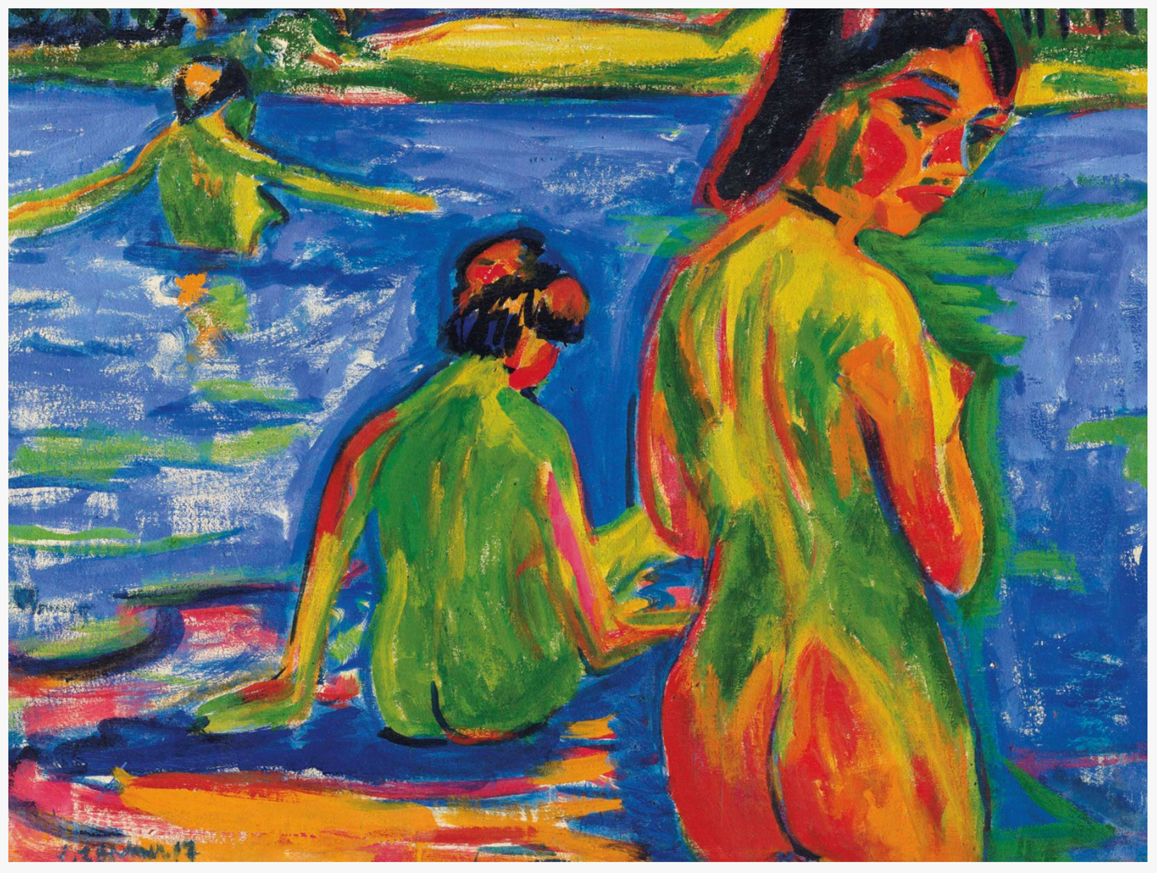 Three nude female figures lounging at the shoreline and in the waters of a lake, rendered with bold, gestural brushstrokes. One is standing in the foreground, looking back towards the viewer. Another sits at the water’s edge, facing away. The other stands with her arms outstretched, with the water up to her ribs. The women's bodies are depicted in vibrant green tones with highlights of orange, yellow, and red. The composition employs a flattened perspective and decorative, non-naturalistic approach to the human form. 