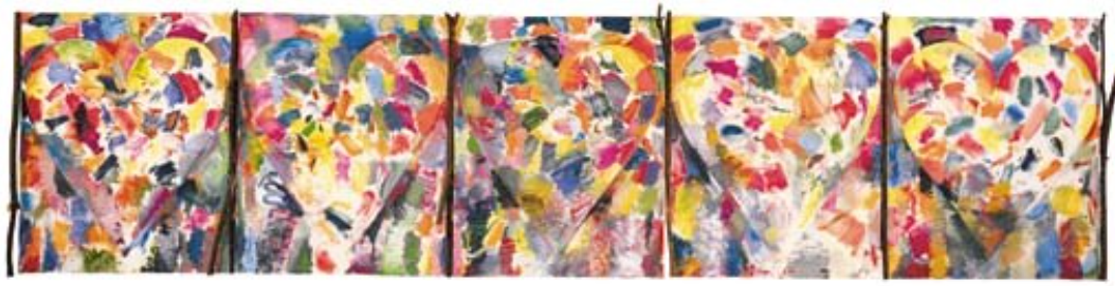 A fence made of canvas and branches. The branches form the fence posts, while the canvas between depicts colourful abstract hearts.