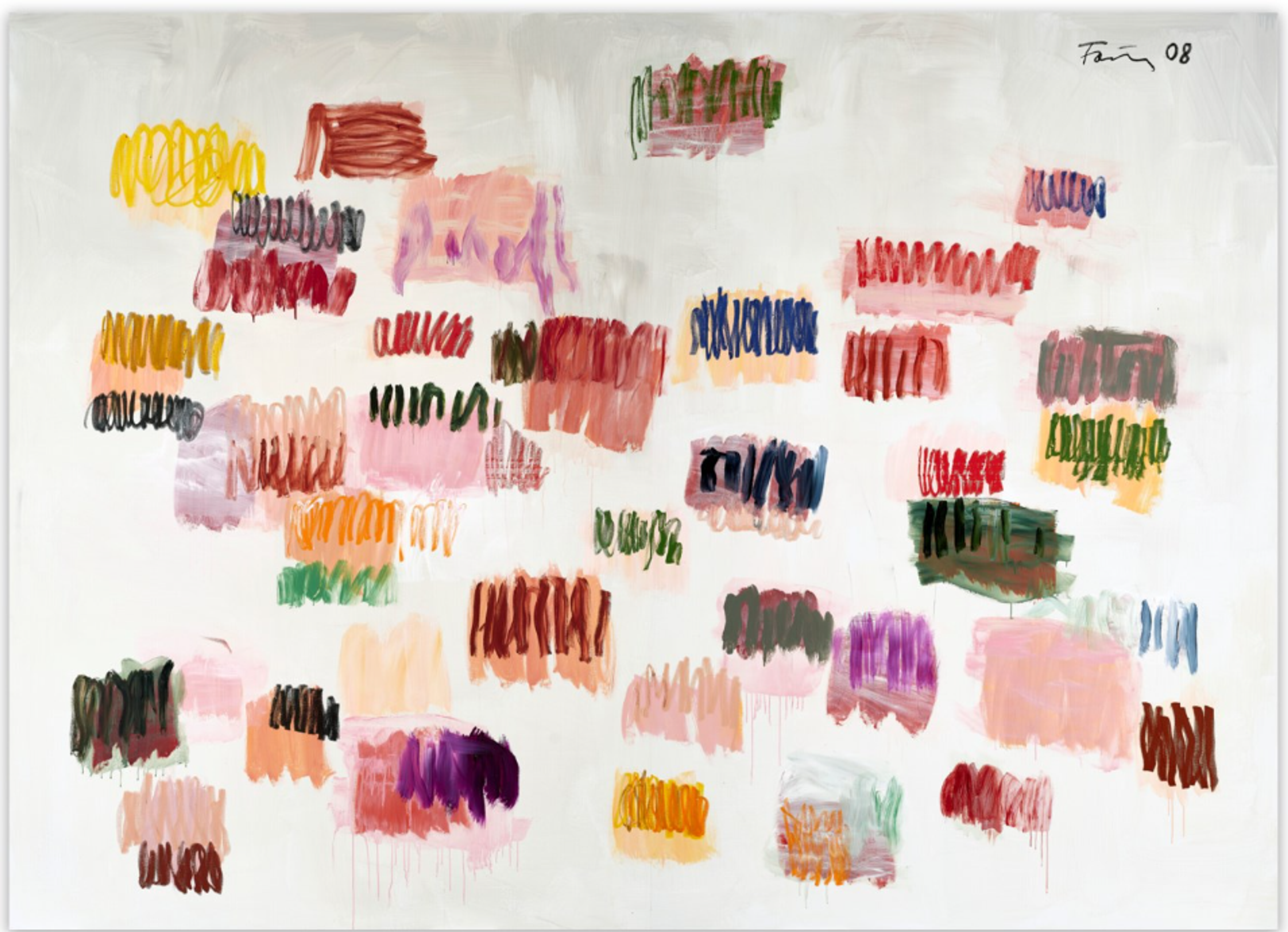 A very large oil and acrylic painting on canvas featuring horizontally aligned clusters of brushstrokes. The painting displays a limited colour palette of earthy tones - browns, yellows, pinks, and greens - with marks organised in loose rows that create a sense of ordered randomness. 