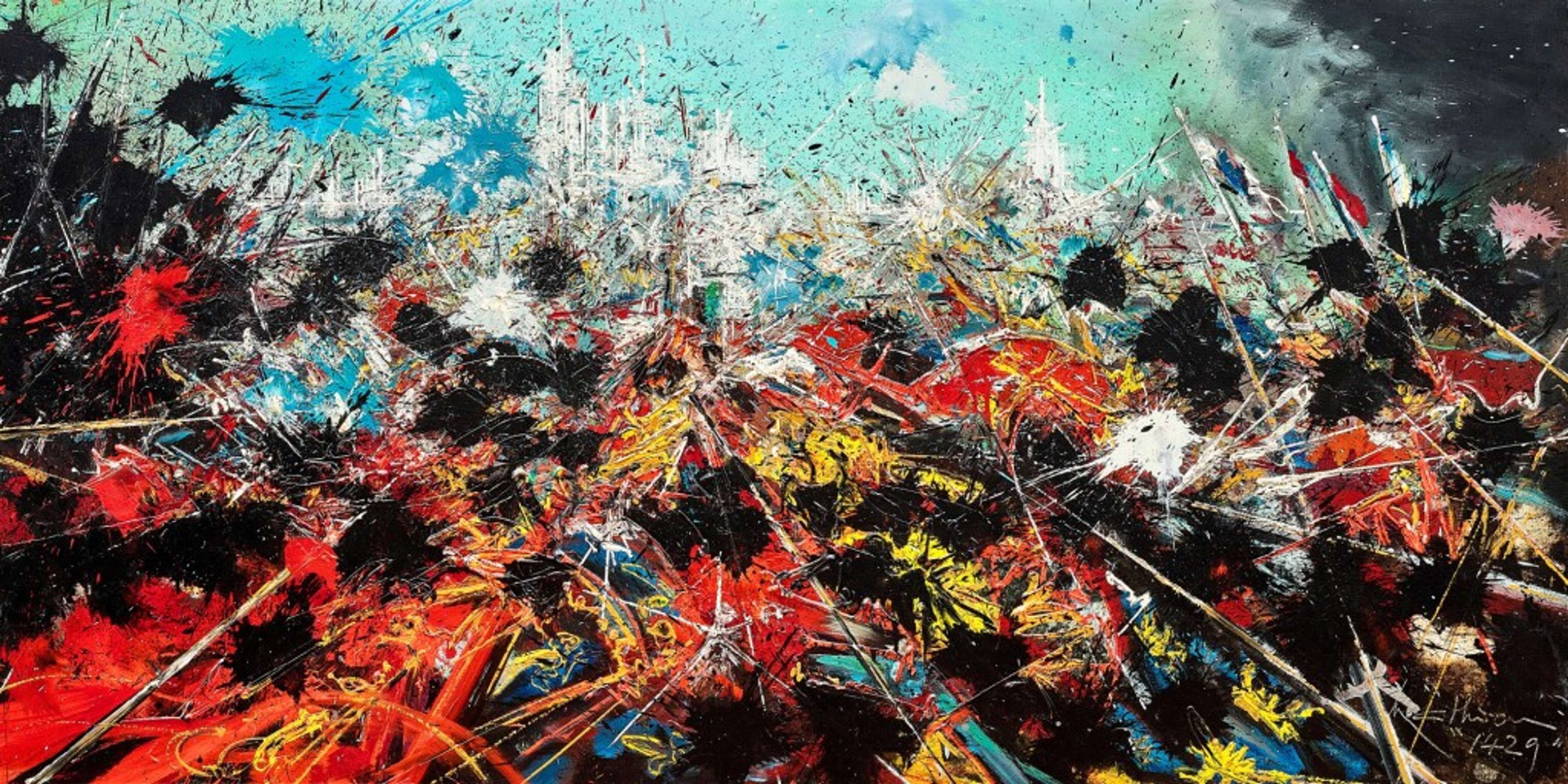 A horizontal painting with a vibrant, multicoloured palette. Explosive yellow, red, blue, and black marks radiate outward in the lower half of the canvas, set against a lighter blue and white background visible in the upper half, creating a dynamic, fiery visual effect.