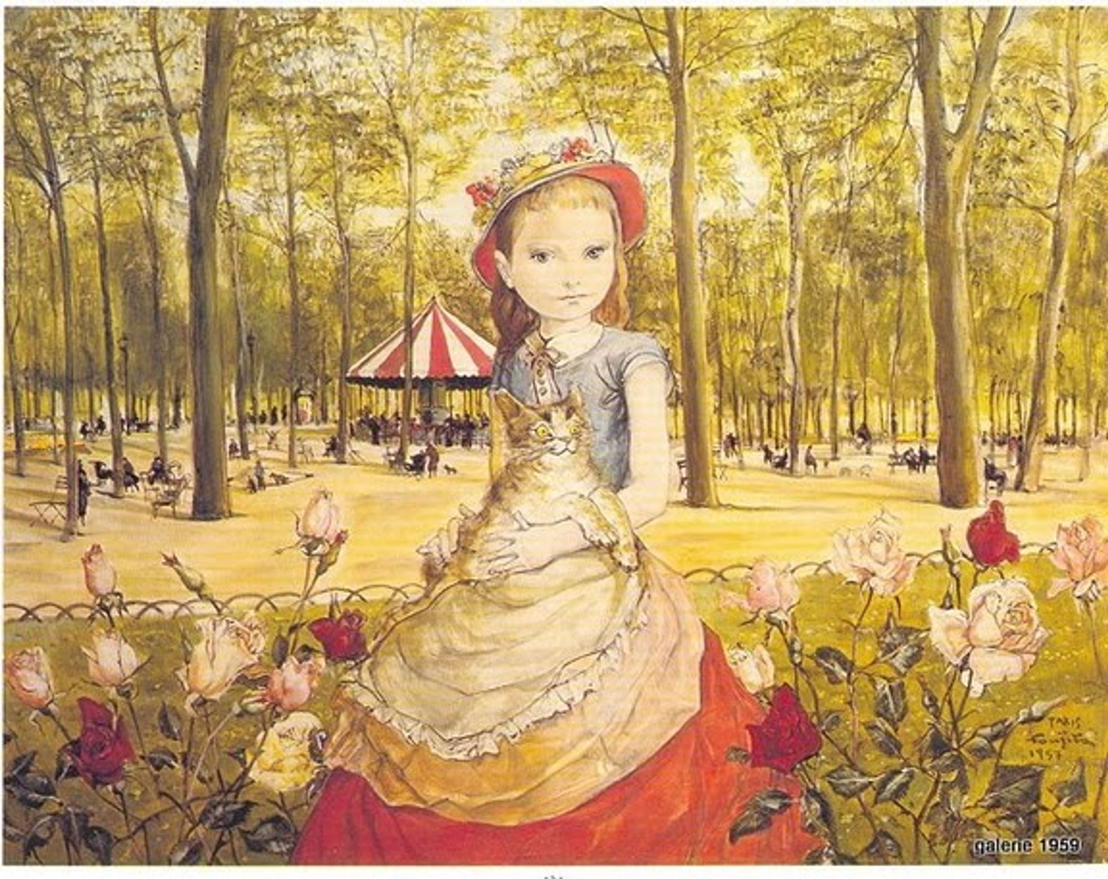 A soft-hued painting of a young girl in a formal blue, cream, and red dress with wide skirt and red floral bonnet, holding a happy-looking cat. She stands in a green-yellow park setting, with white, pink, and red roses in front of her. Seated figures can be seen beneath the tall trees behind her, watching a performance of some kind that is taking place under a red-and-white topped bandstand. Although the girl is turned slightly away, she looks directly at the viewer with a serious expression.