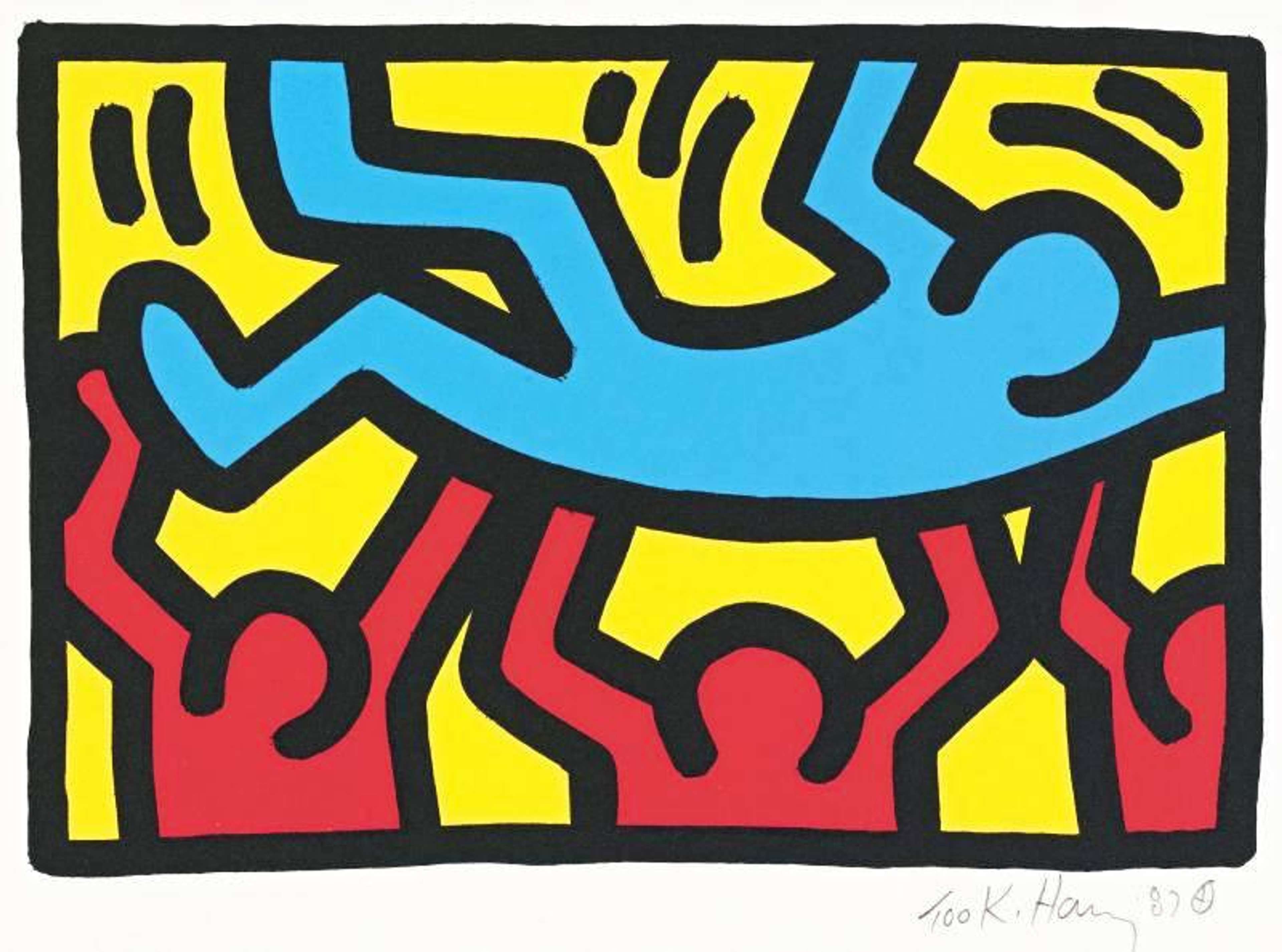 Une sérigraphie de Keith Haring représentant trois personnages de dessins animés rouges soutenant une figure bleue sur fond jaune, tous délimités par un contour noir.