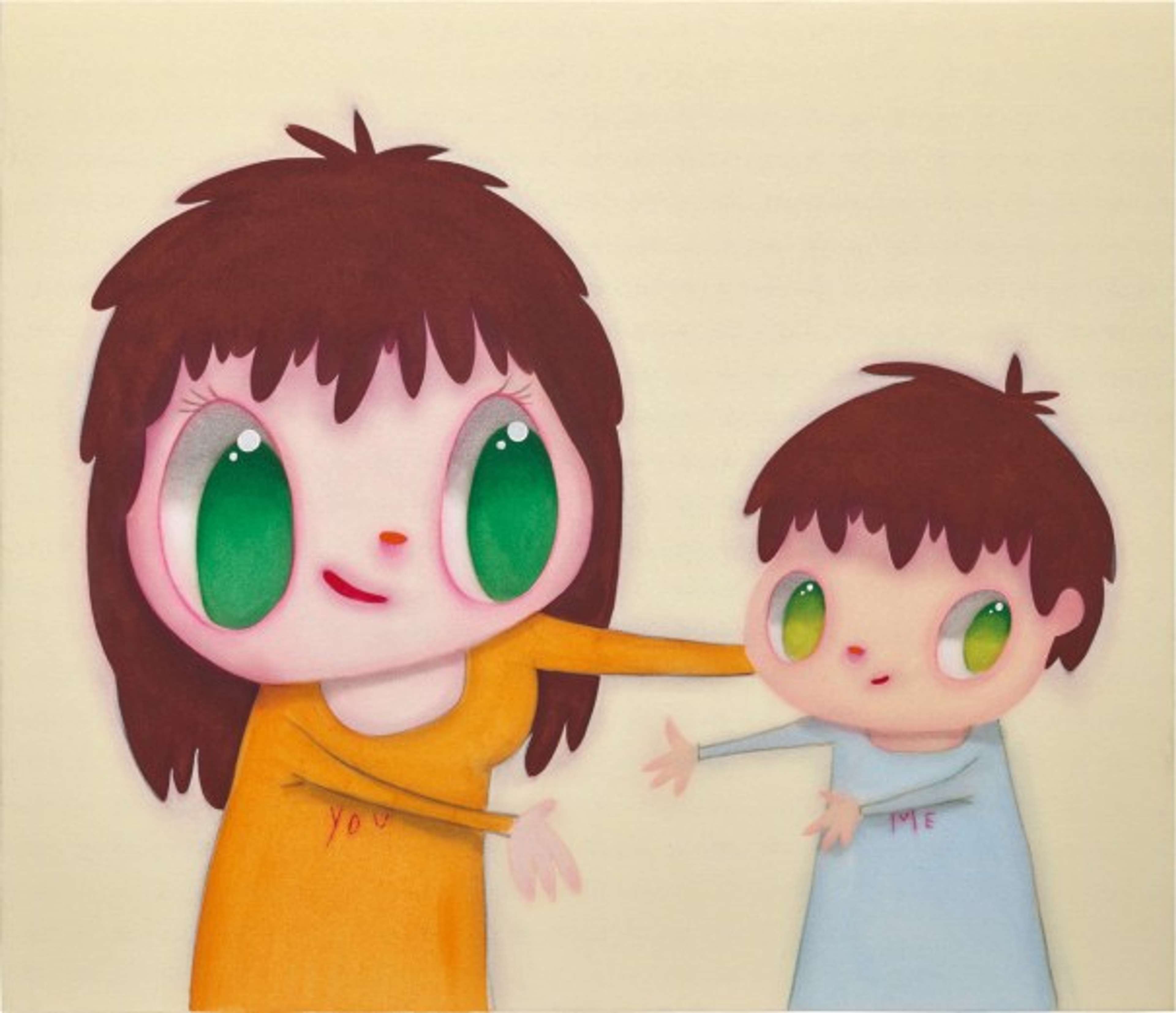 Two cartoonish figures - one mother, one child - with oversized green eyes and brown hair stand facing each other, arms outstretched as if about to hug, against a cream background. The mother figure wears a yellow shirt bearing the word “YOU,” her arm almost around the shoulder of the smaller child, who wears a pale blue shirt bearing the word “ME.”