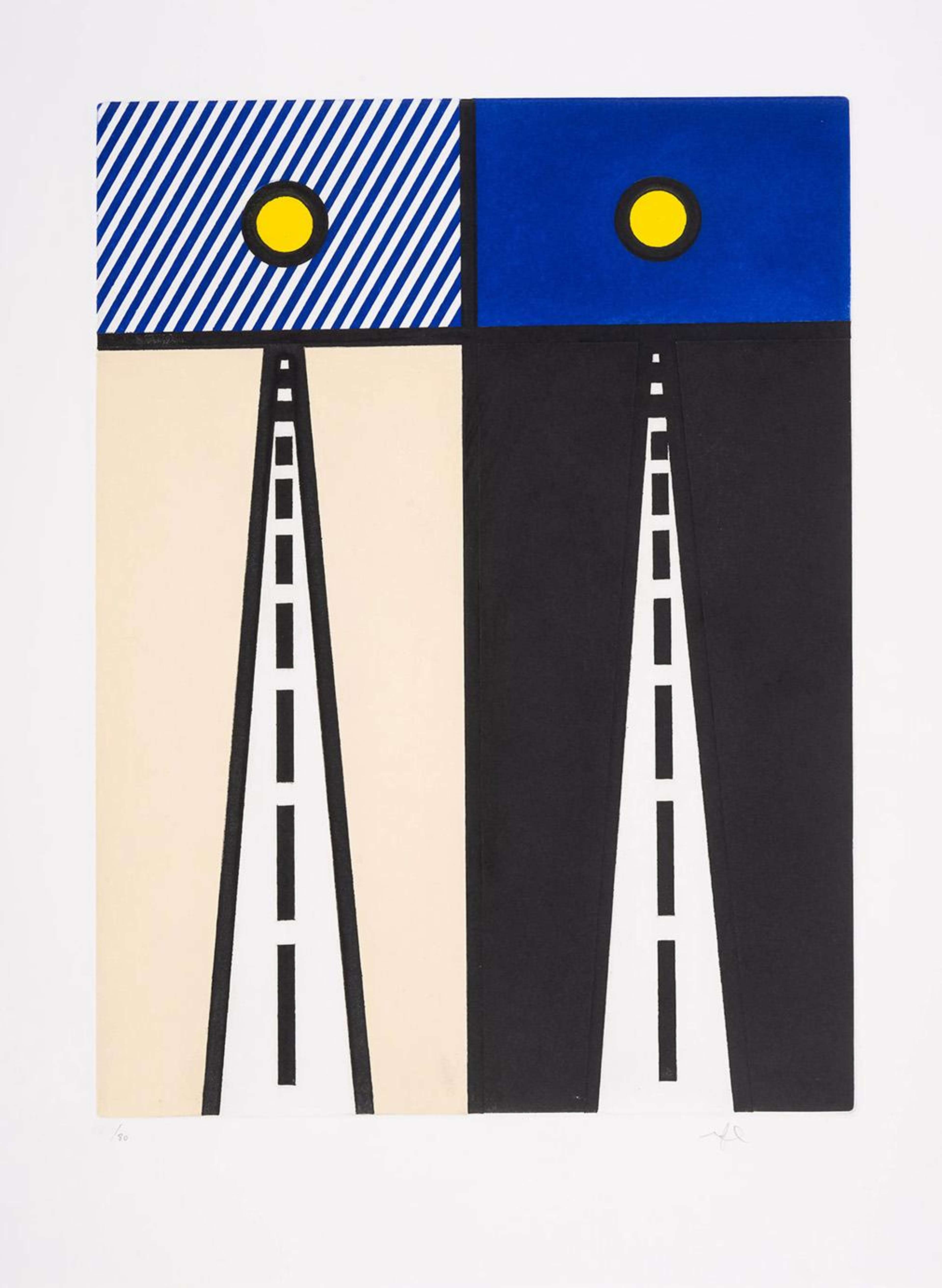 A signed intaglio print by Roy Lichtenstein, titled Illustration For Auto Poésie: En Cavale De Bloomington, depicting two stylised roads beneath blue sky panels with yellow suns in bold black outlines, signed in the lower right corner.