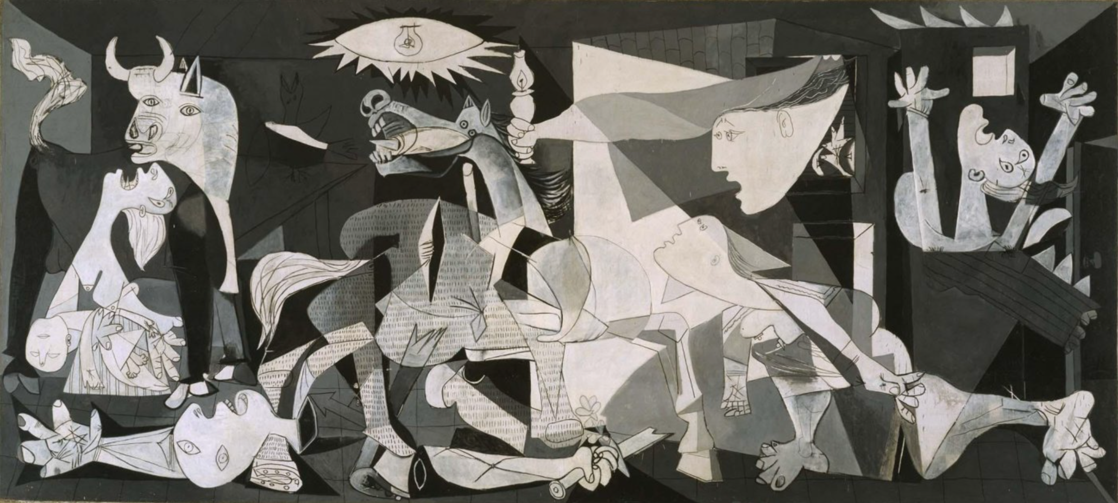 Une peinture monochrome austère de Picasso, représentant le bombardement de Guernica durant la Guerre Civile espagnole. À travers la représentation de figures angoissées, notamment un cheval blessé, un taureau (The Bull), des femmes hurlantes et un soldat démembré, l'œuvre transmet le chaos et la souffrance engendrés par la violence.