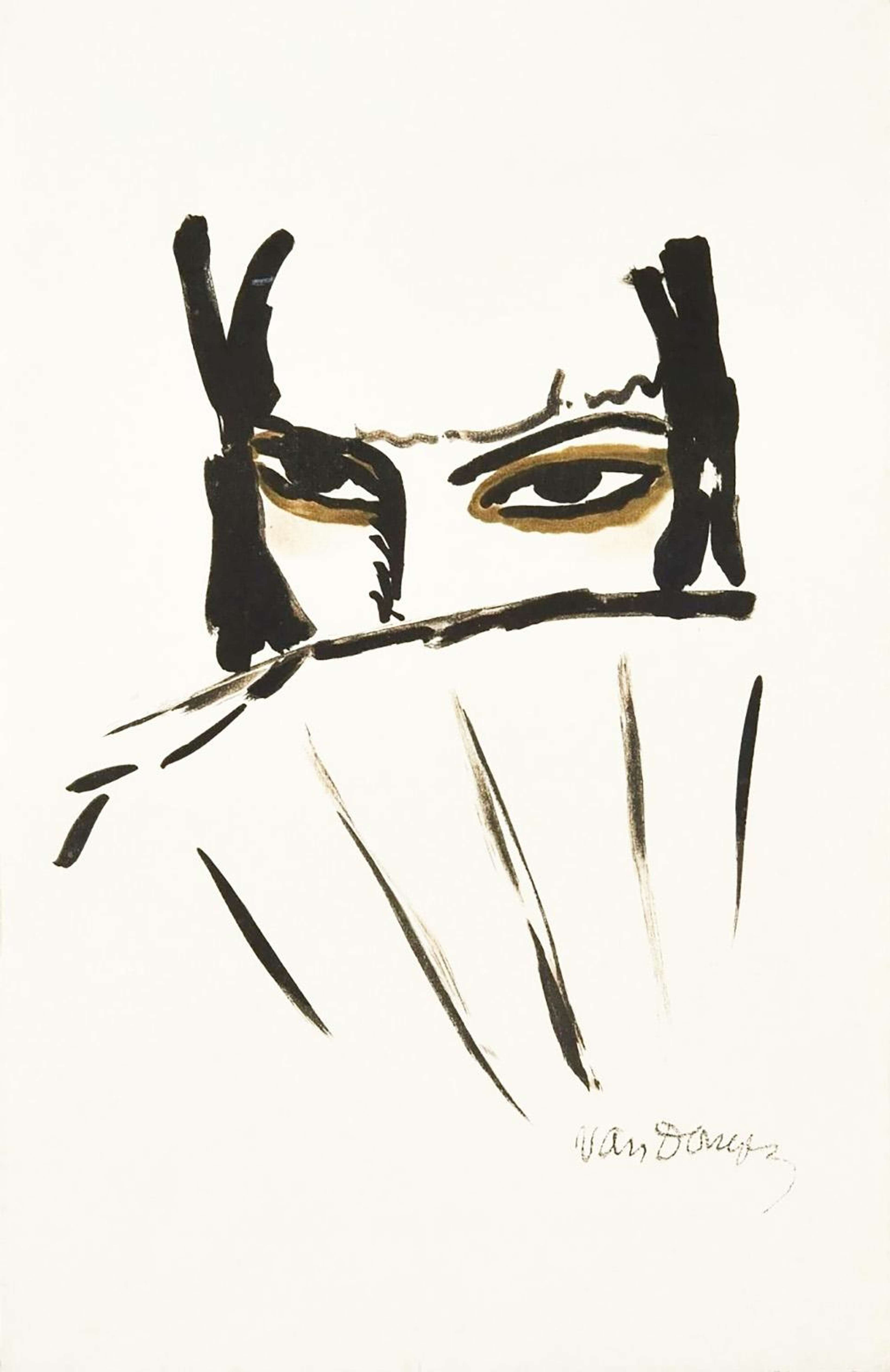 Un portrait de femme, dont le visage est partiellement dissimulé par un éventail. Ses grands yeux, soulignés d'encre brune, dépassent de l'éventail et regardent légèrement à gauche du spectateur. Ses traits sont traités avec simplicité, délimités par un gros feutre noir.