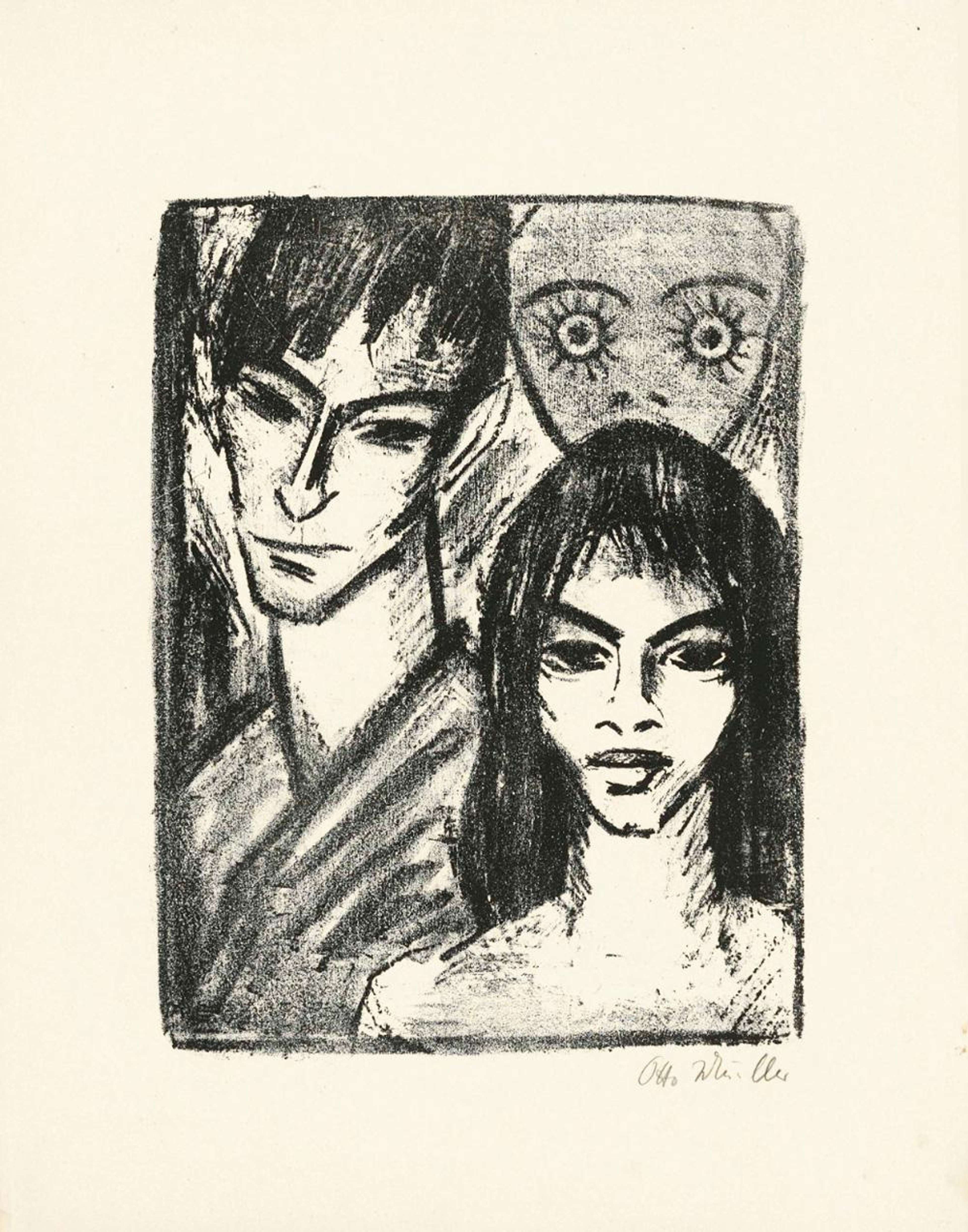 Un autoportrait en noir et blanc d'Otto Mueller, montrant un modèle féminin et un masque stylisé en arrière-plan. Mueller se représente avec des yeux noirs étroits, des oreilles pointues et des traits anguleux. Le modèle a des yeux sombres et arrondis et des traits plus marqués. L'estampe est rendue avec des lignes expressives et des ombres rugueuses.